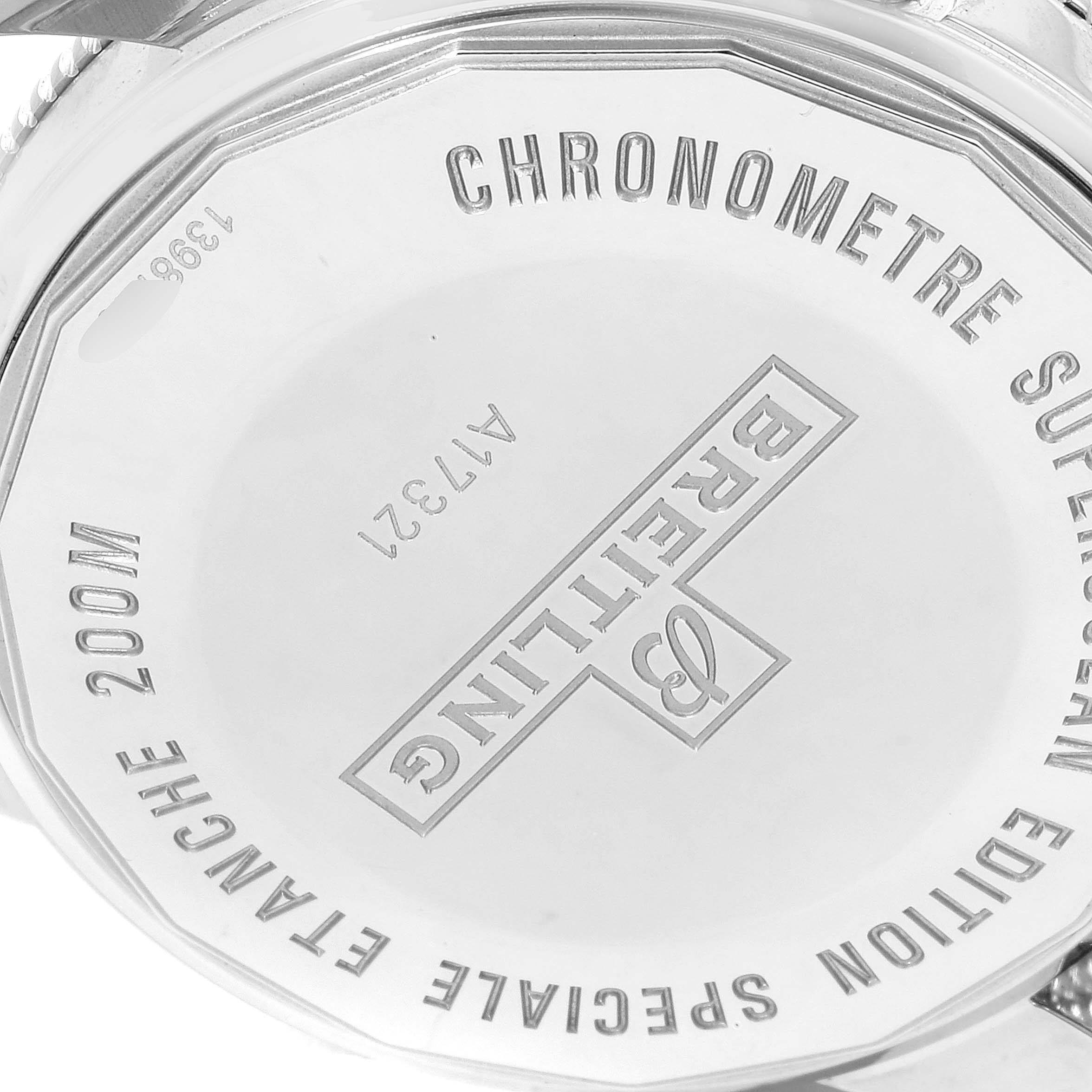 The image shows the back case of a Breitling Superocean A17321 Men
s Stainless Steel Blue Dial A17321 Men
s Stainless Steel Blue Dial watch, highlighting engravings and water resistance details.