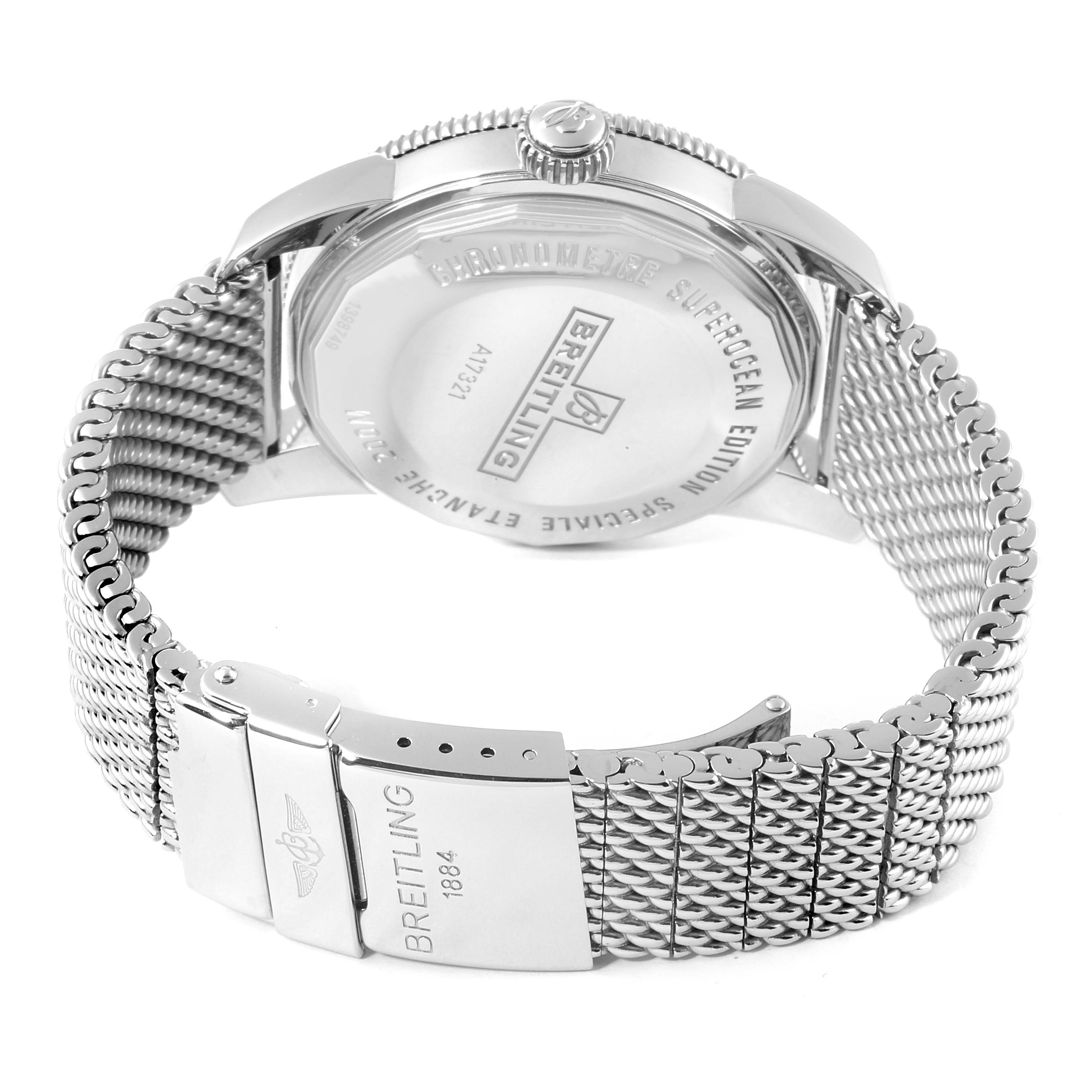 The image shows the back case and bracelet of a Breitling Superocean A17321 Men
s Stainless Steel Blue Dial A17321 Men
s Stainless Steel Blue Dial watch at an angle.