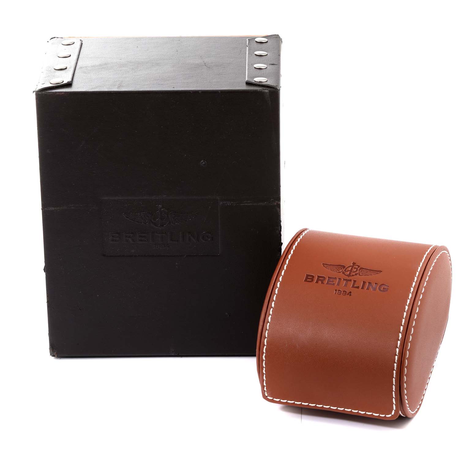 The image shows a black Breitling box and a brown leather watch case for the Breitling Superocean A17321 Men's Stainless Steel White Dial A17321 Men's Stainless Steel White Dial model.