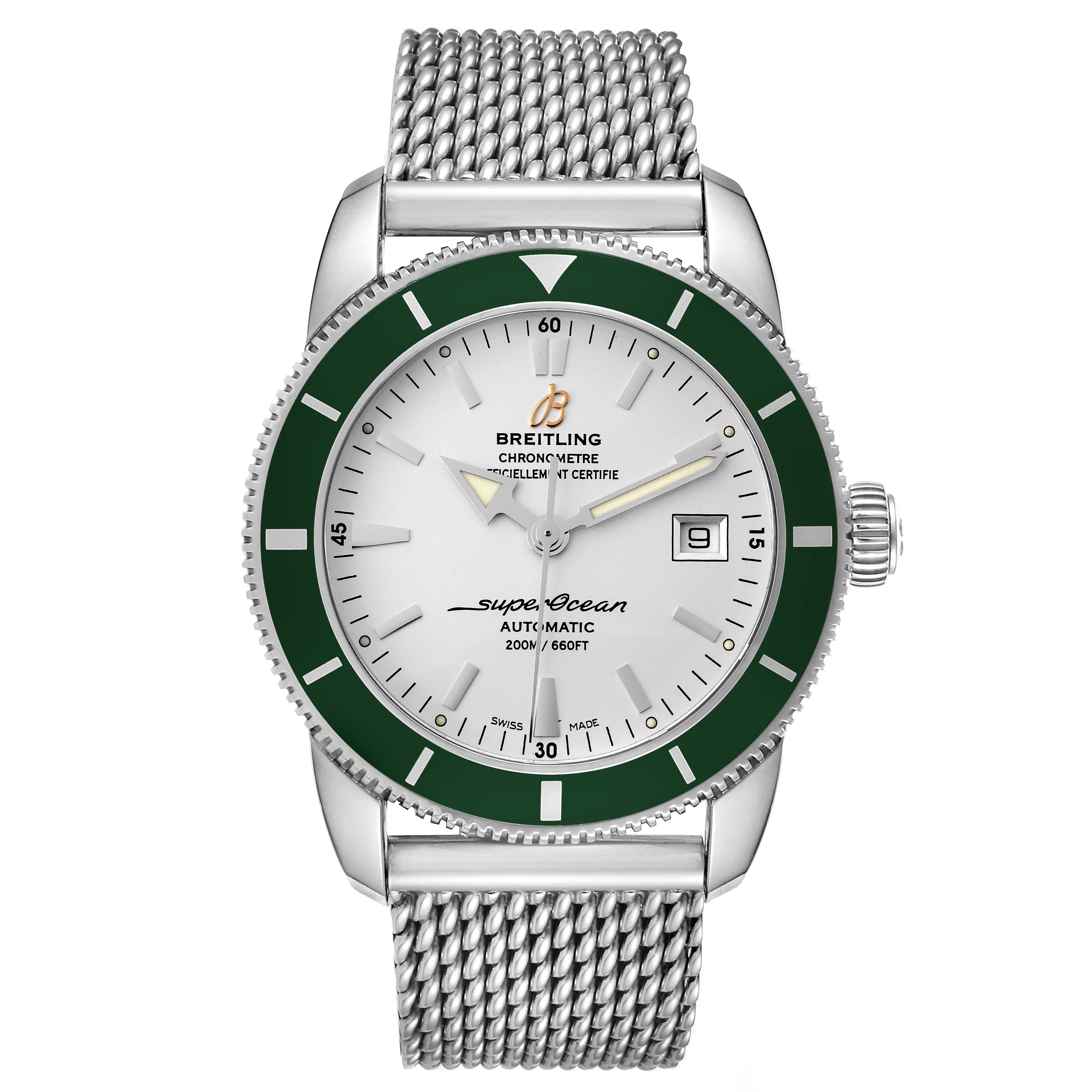 This image shows a front view of the Breitling Superocean A17321 Men's Stainless Steel White Dial A17321 Men's Stainless Steel White Dial watch with a green bezel and metal mesh strap.