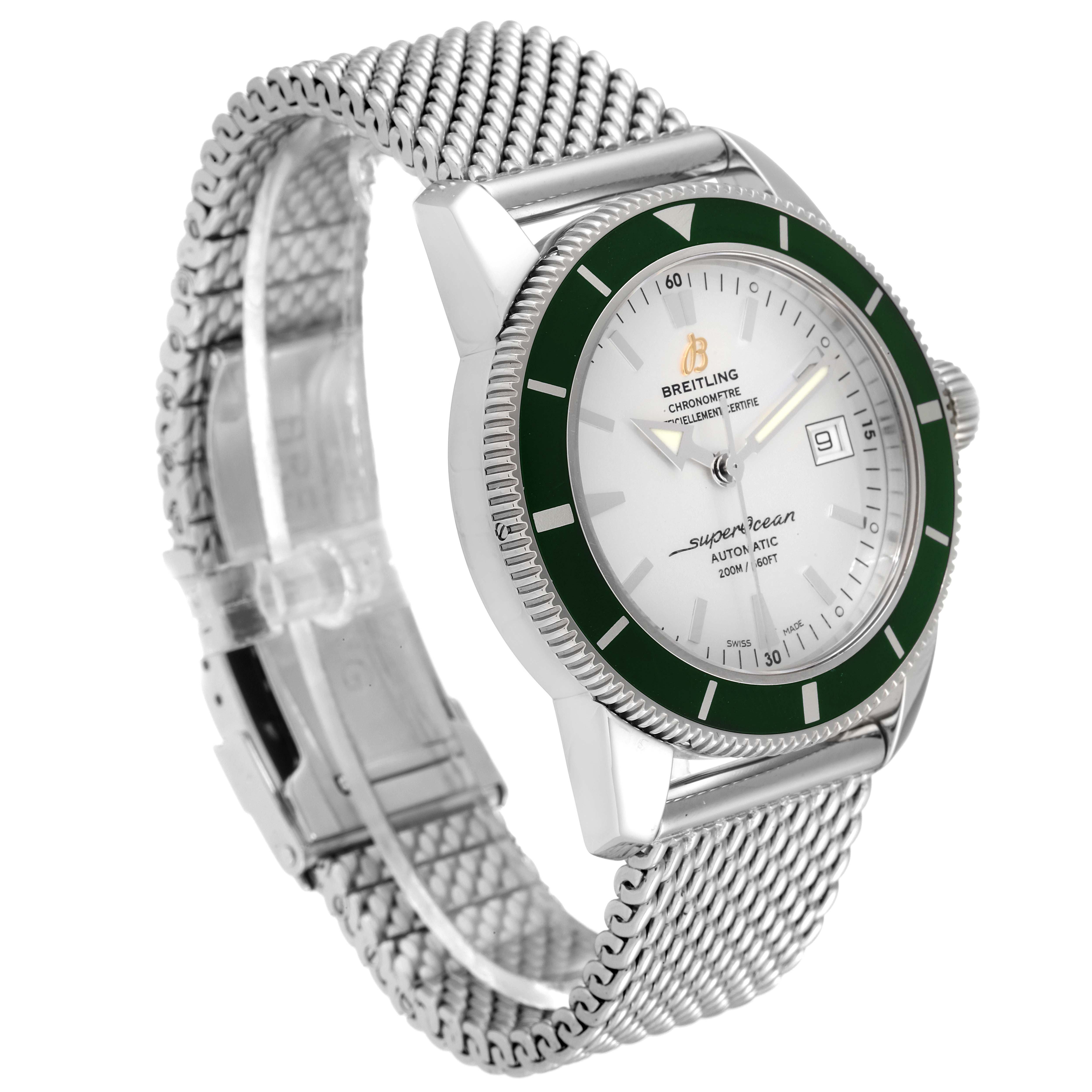 The image shows a Breitling Superocean A17321 Men's Stainless Steel White Dial A17321 Men's Stainless Steel White Dial watch from a front-side angle, highlighting the dial, bezel, and metal mesh strap.