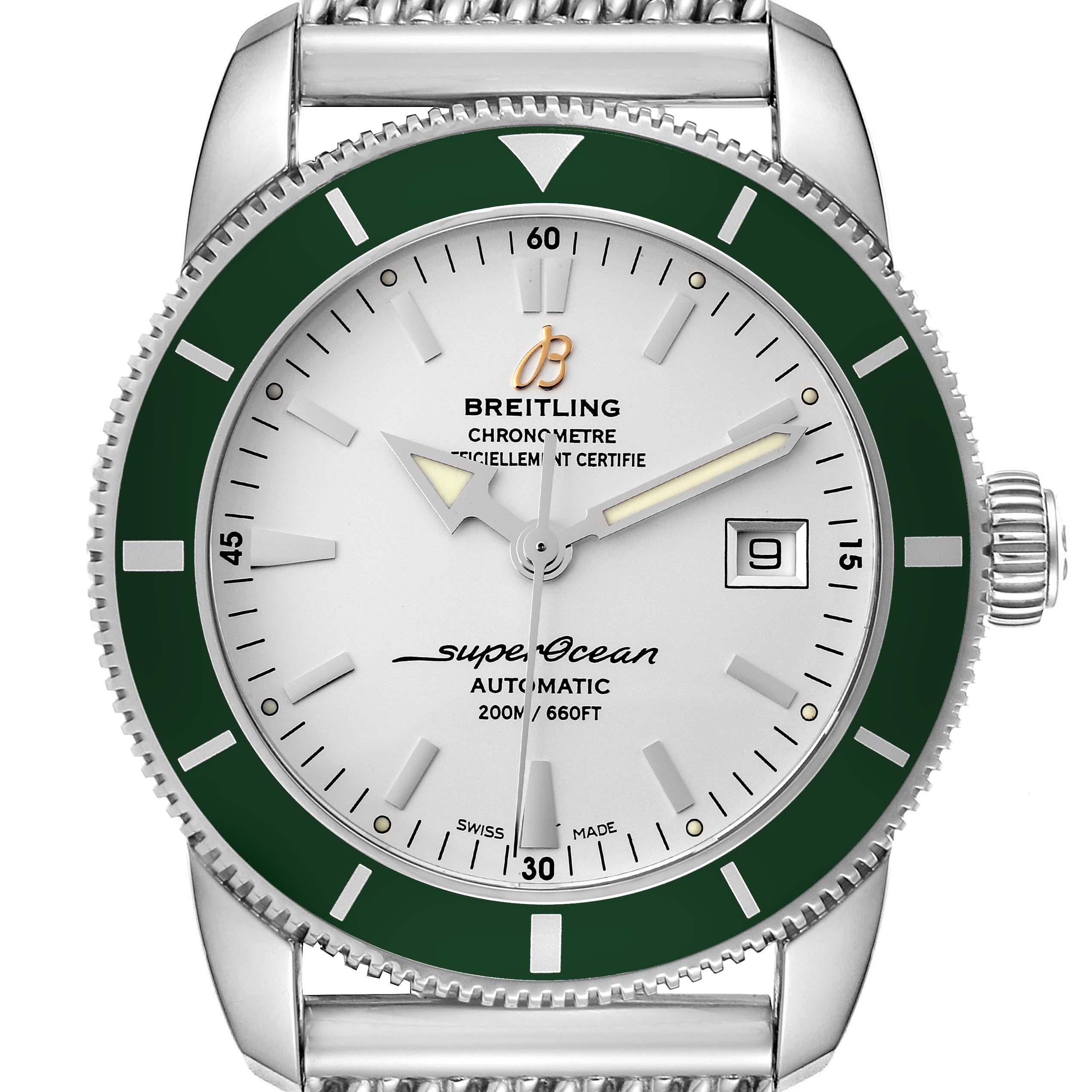 The image shows a Breitling Superocean A17321 Men's Stainless Steel White Dial A17321 Men's Stainless Steel White Dial watch, featuring its dial, bezel, hands, date window, and part of the bracelet from a front angle.