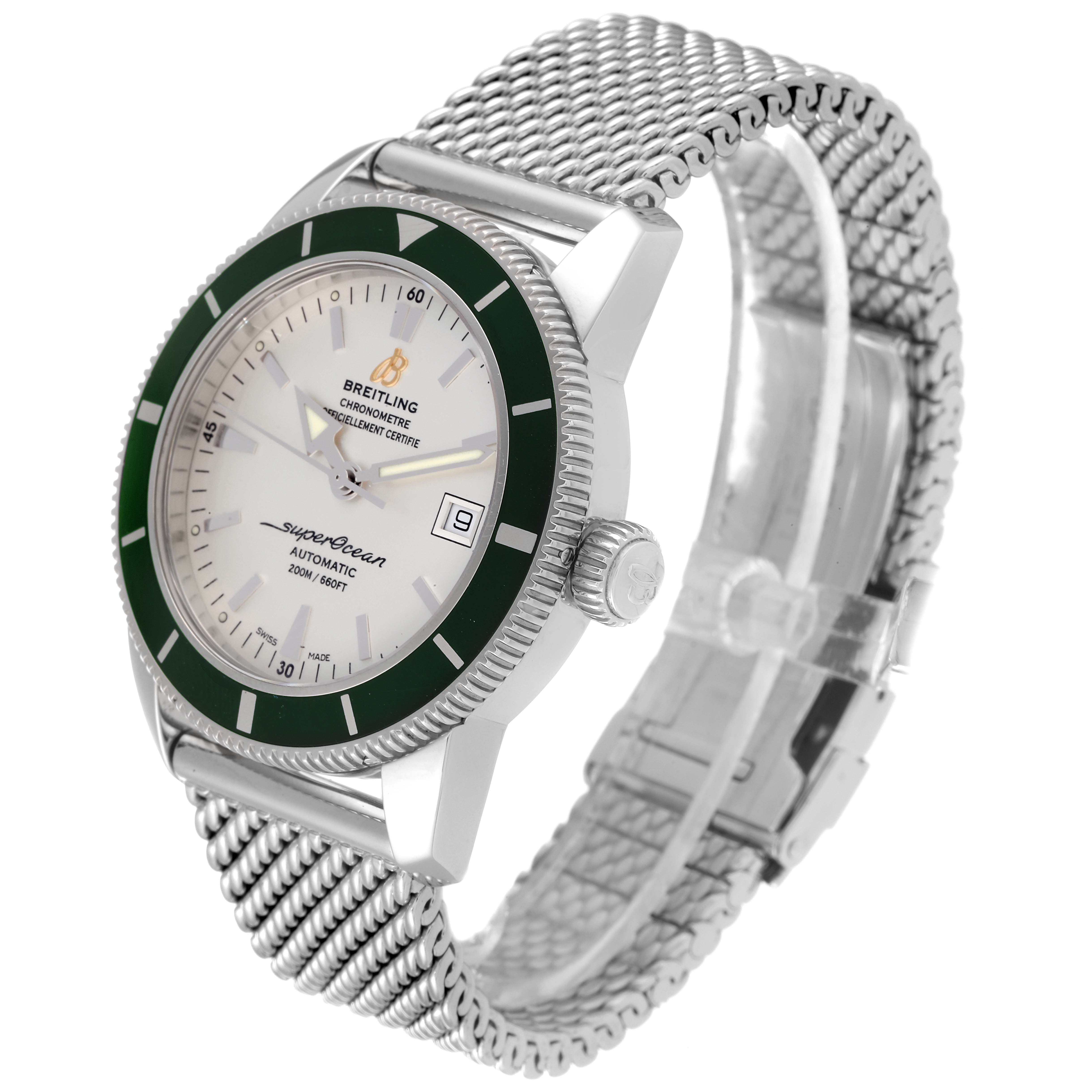 The Breitling Superocean A17321 Men's Stainless Steel White Dial A17321 Men's Stainless Steel White Dial watch is shown at a three-quarter angle, displaying the face, bezel, crown, and mesh bracelet.