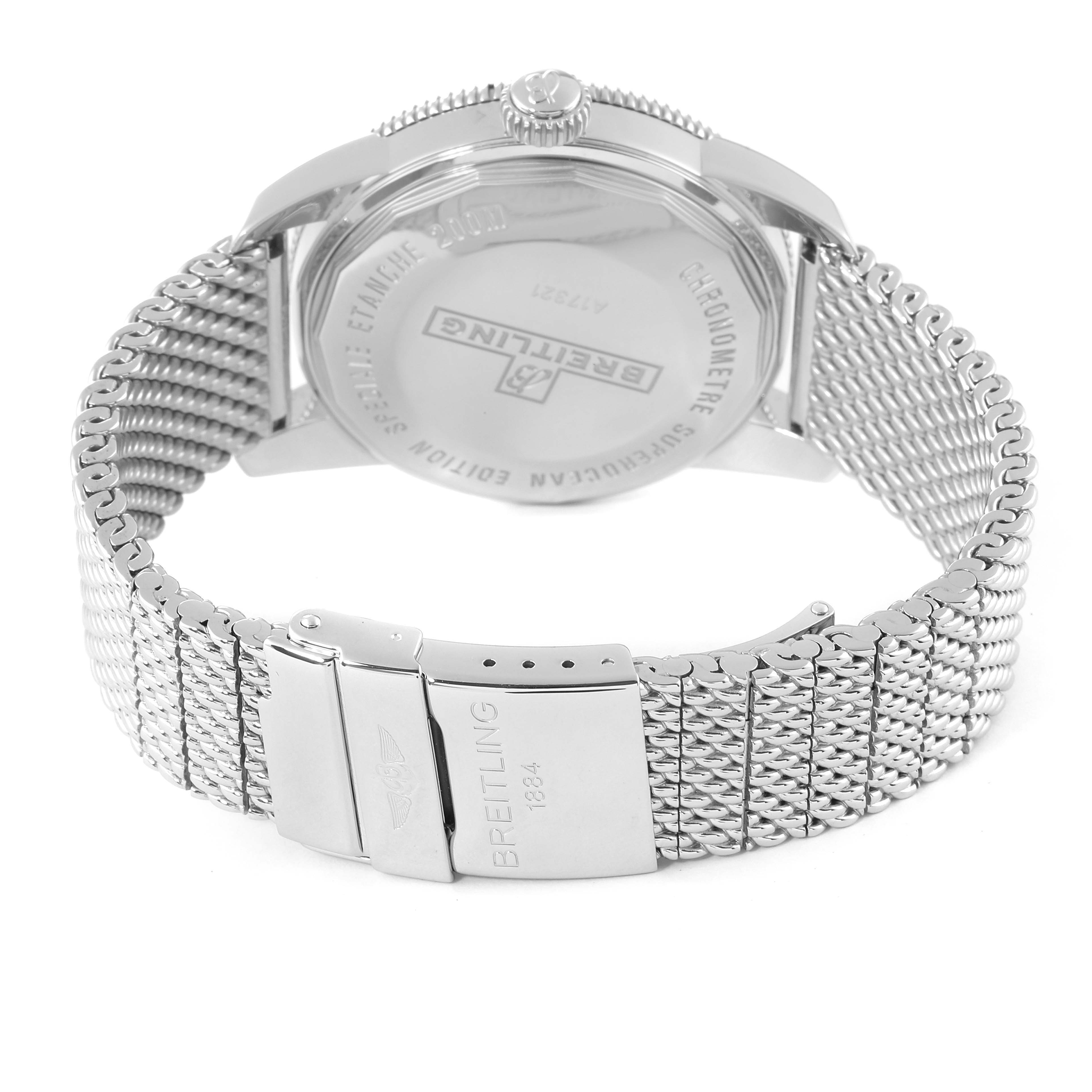 The image shows the back case and clasp of the Breitling Superocean A17321 Men's Stainless Steel White Dial A17321 Men's Stainless Steel White Dial watch, highlighting the metal mesh strap and clasp closure.