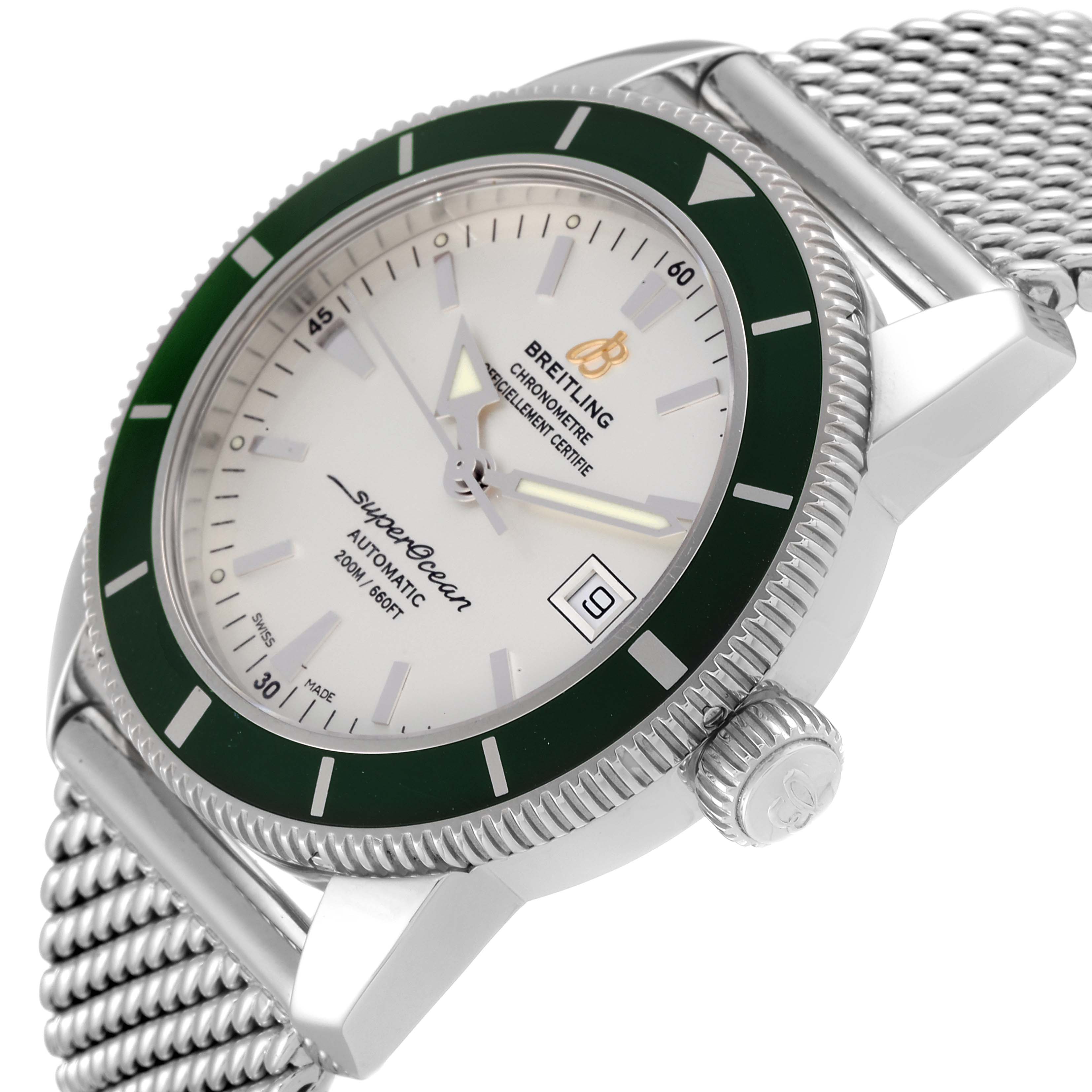 The Breitling Superocean A17321 Men's Stainless Steel White Dial A17321 Men's Stainless Steel White Dial watch is shown at an angle highlighting the face, bezel, crown, and part of the mesh bracelet.
