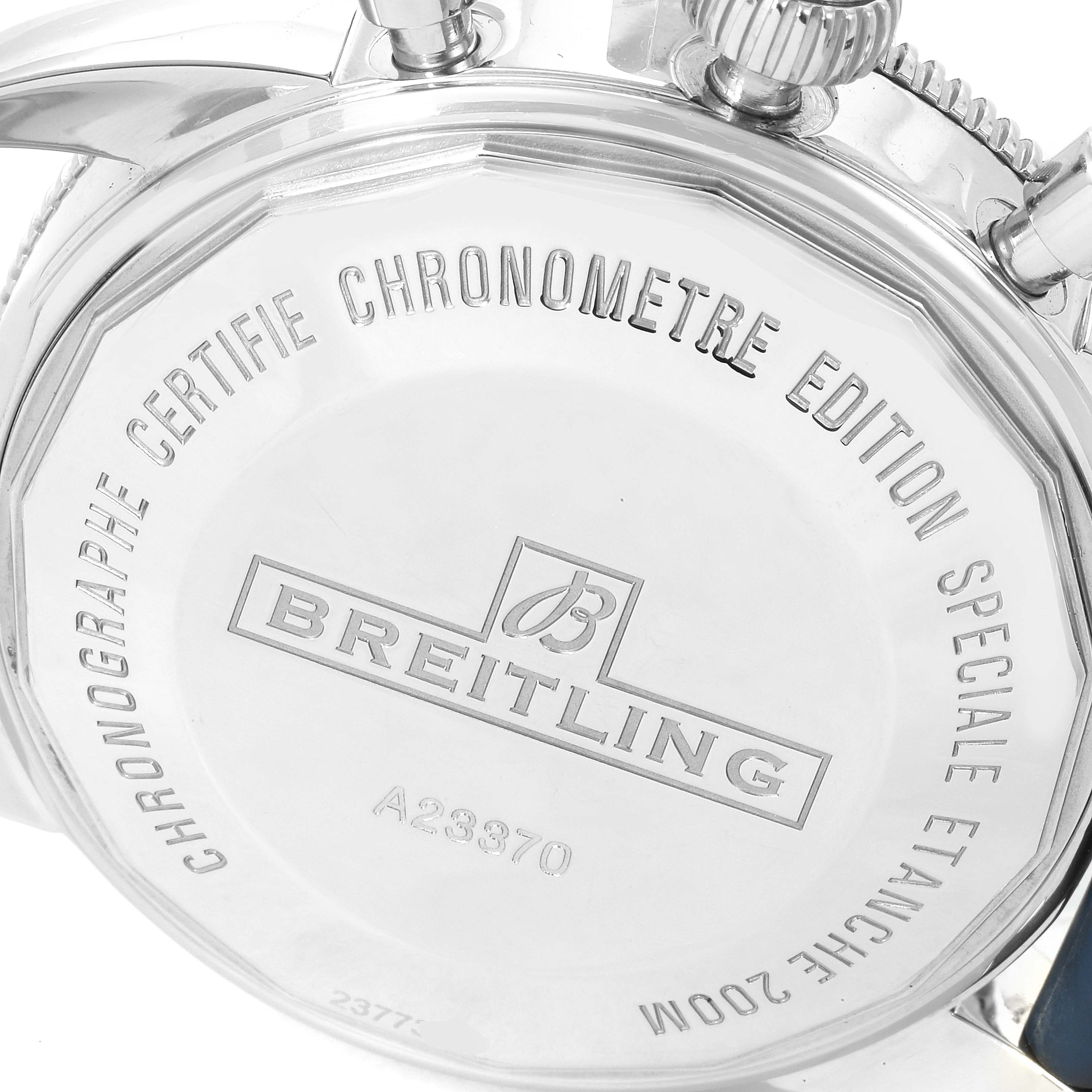 The image shows the back case of a Breitling Superocean A23370 Men's Stainless Steel Blue Dial A23370 Men's Stainless Steel Blue Dial watch, highlighting its engraved details and chronometer certification.