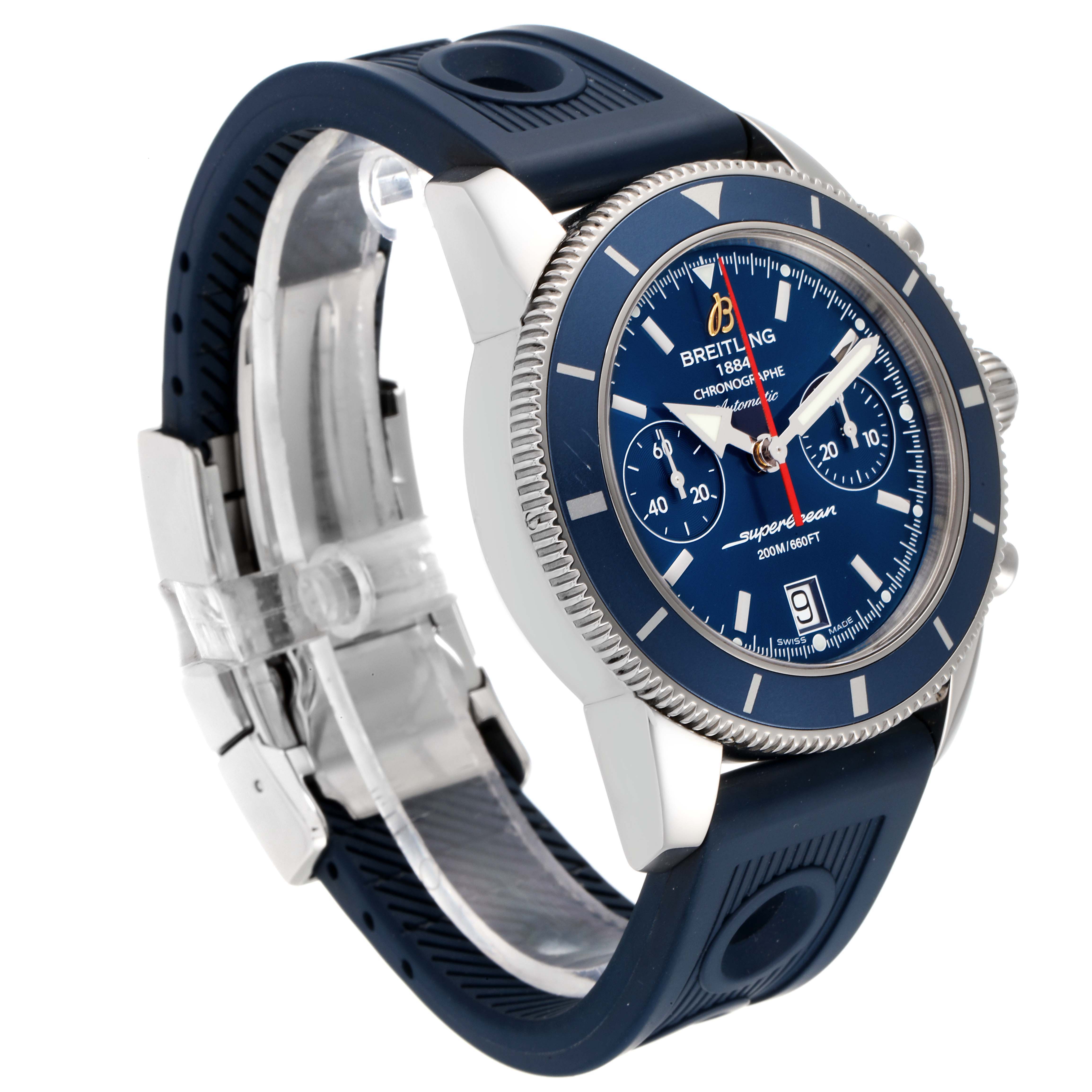 The image shows the side and front view of a Breitling Superocean A23370 Men's Stainless Steel Blue Dial A23370 Men's Stainless Steel Blue Dial watch, including its bezel, crown, and part of the blue rubber strap.