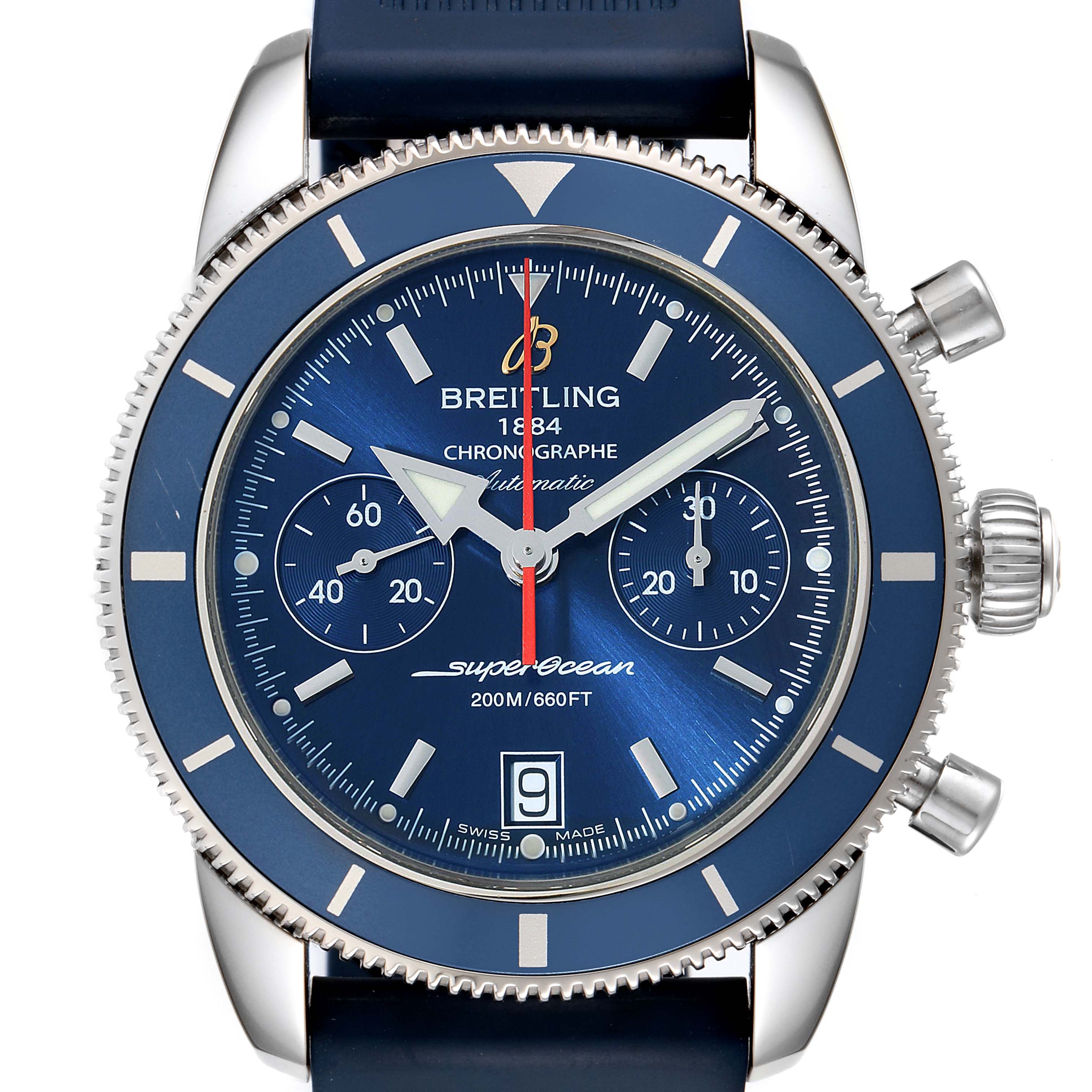The image shows a front view of the Breitling Superocean A23370 Men's Stainless Steel Blue Dial A23370 Men's Stainless Steel Blue Dial watch, displaying its dial, bezel, and push-button controls.