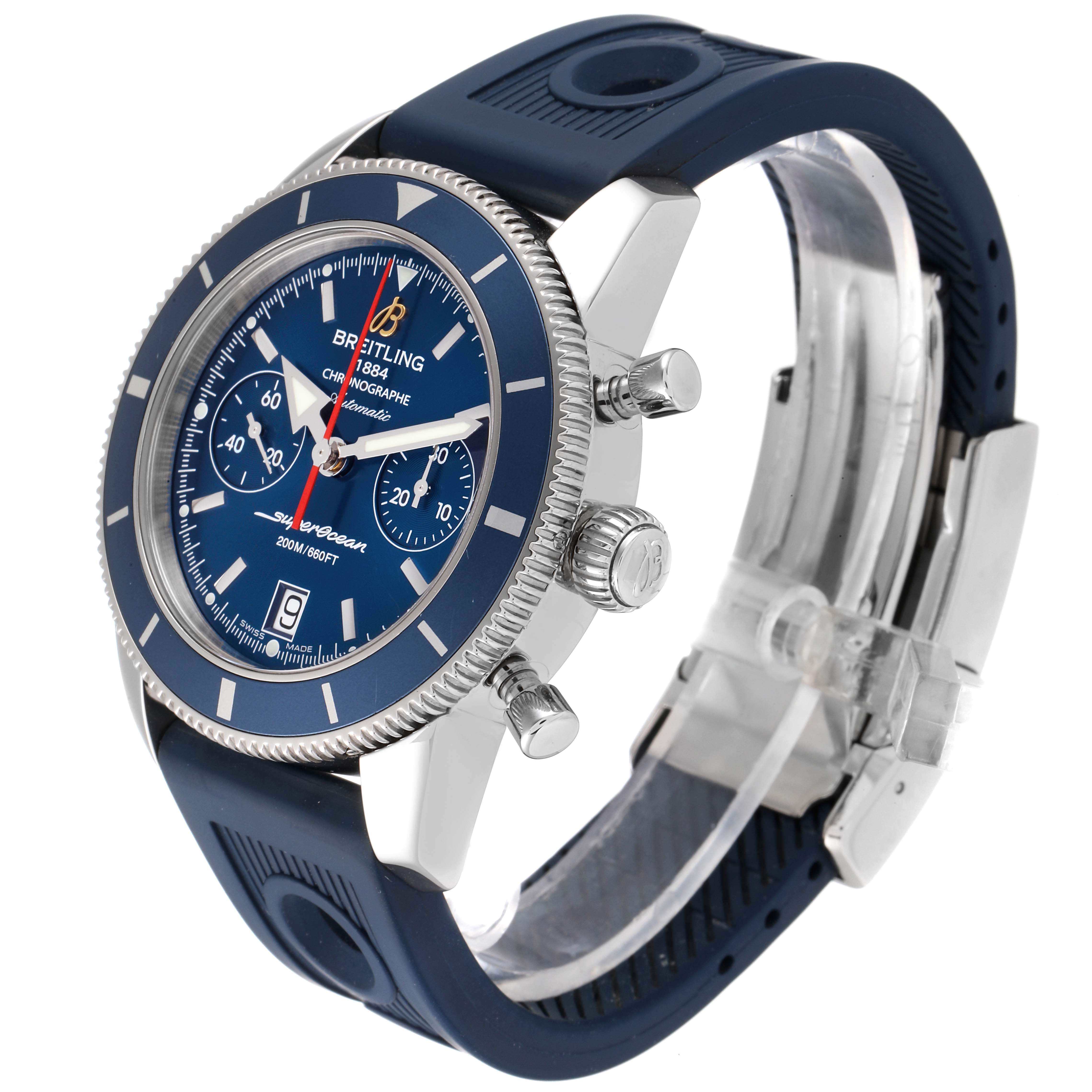 This Breitling Superocean A23370 Men's Stainless Steel Blue Dial A23370 Men's Stainless Steel Blue Dial watch is shown at a 3/4 angle, highlighting the bezel, face, buttons, and blue rubber strap.