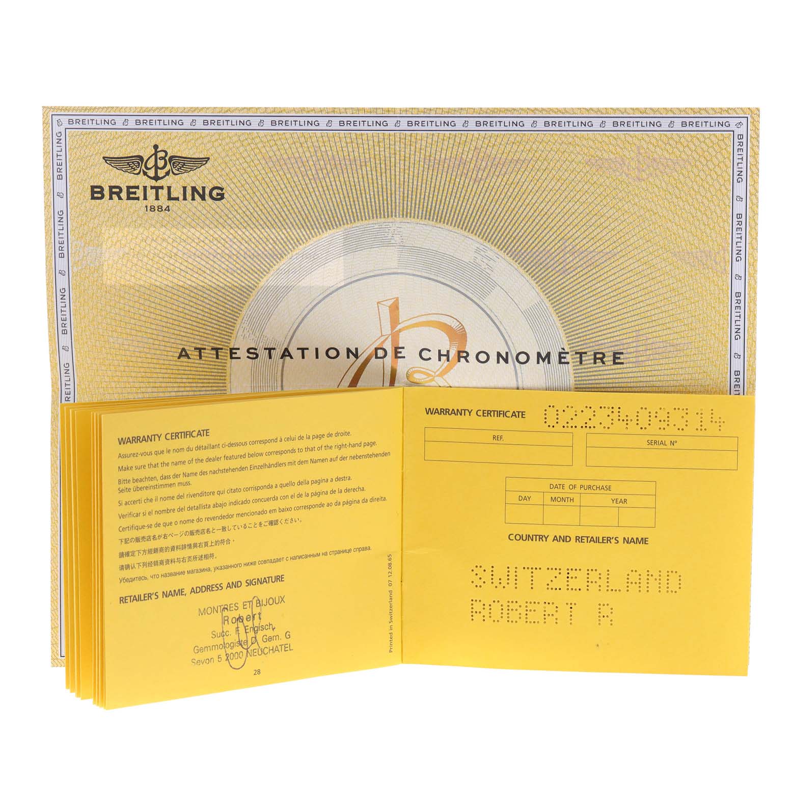 The image shows the warranty certificates and chronometer attestation for the Breitling Superocean A23370 Men's Stainless Steel Blue Dial A23370 Men's Stainless Steel Blue Dial model.