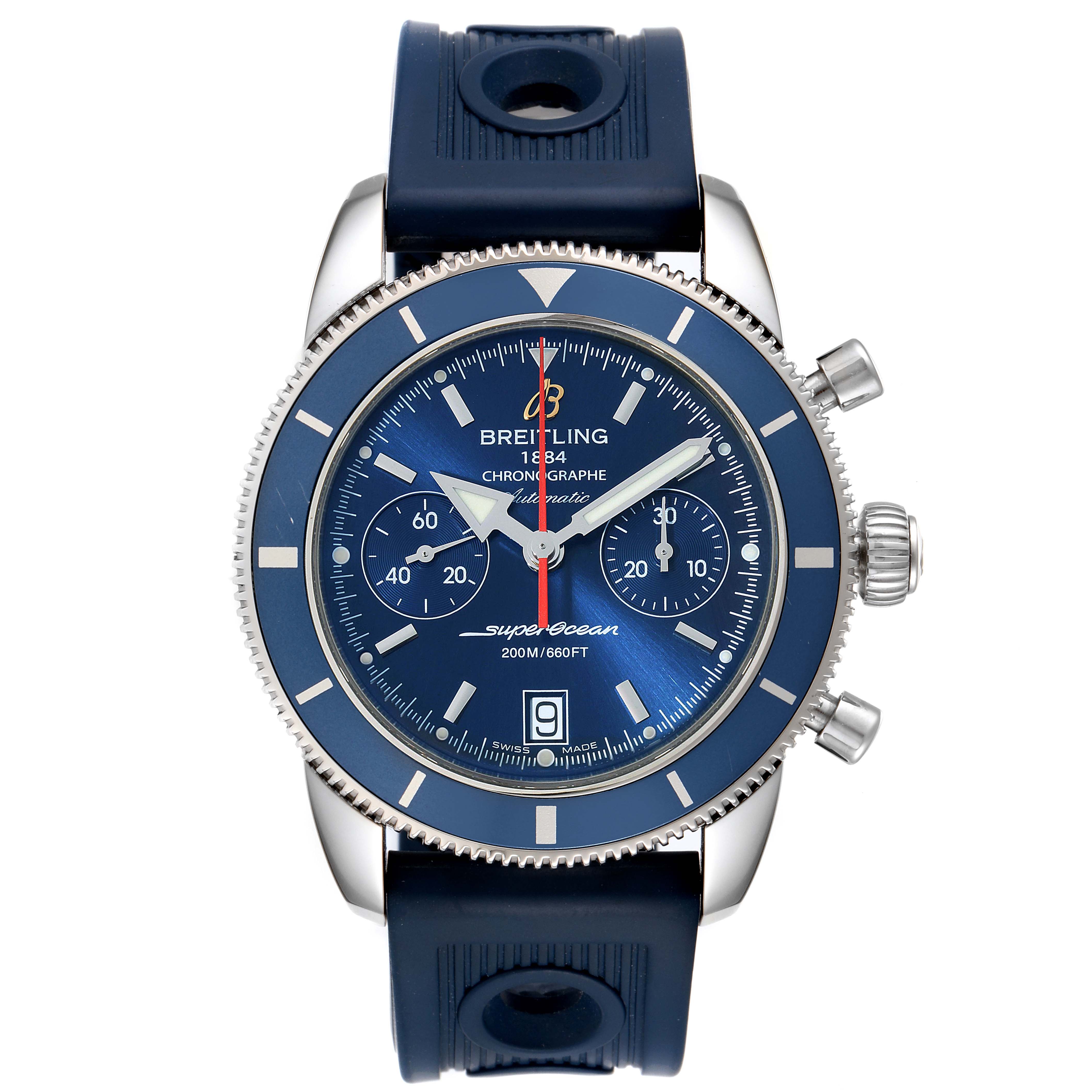 This image shows a front view of the Breitling Superocean A23370 Men's Stainless Steel Blue Dial A23370 Men's Stainless Steel Blue Dial watch, highlighting its blue dial, chronograph subdials, and rubber strap.