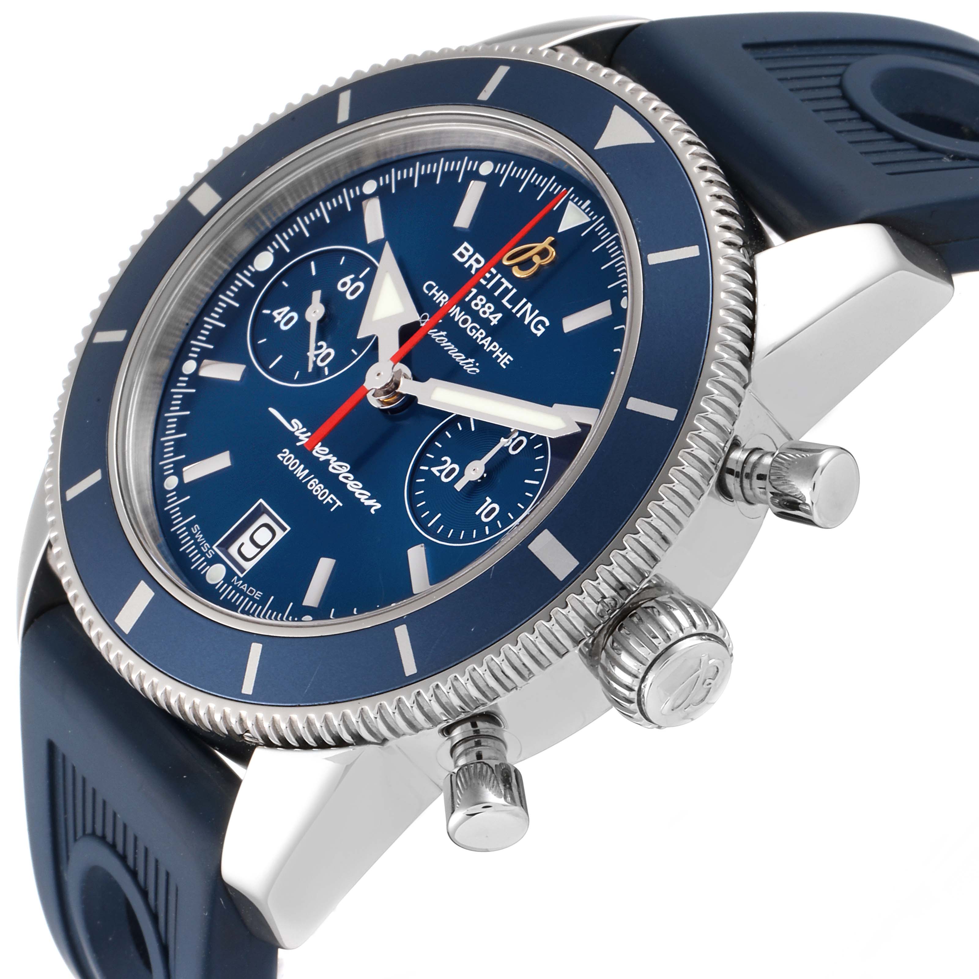 The image shows a side angle of the Breitling Superocean A23370 Men's Stainless Steel Blue Dial A23370 Men's Stainless Steel Blue Dial watch, highlighting the dial, crown, and pushers.