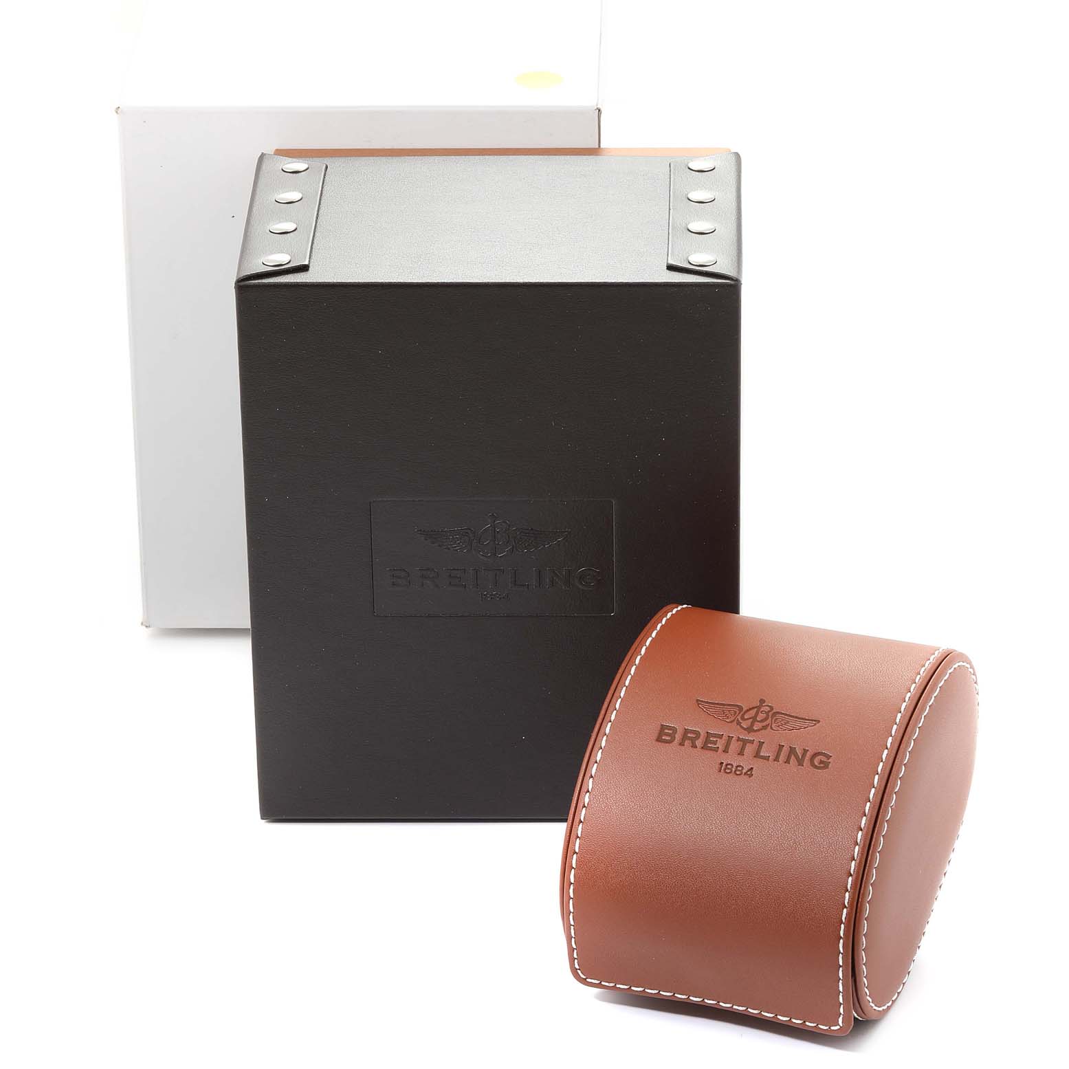 The image shows the packaging and a brown leather watch case for the Breitling Transocean UB015212/BC74-SS Men's Steel and Gold (two tone) Black Dial UB015212/BC74-SS Men's Steel and Gold (two tone) Black Dial model.