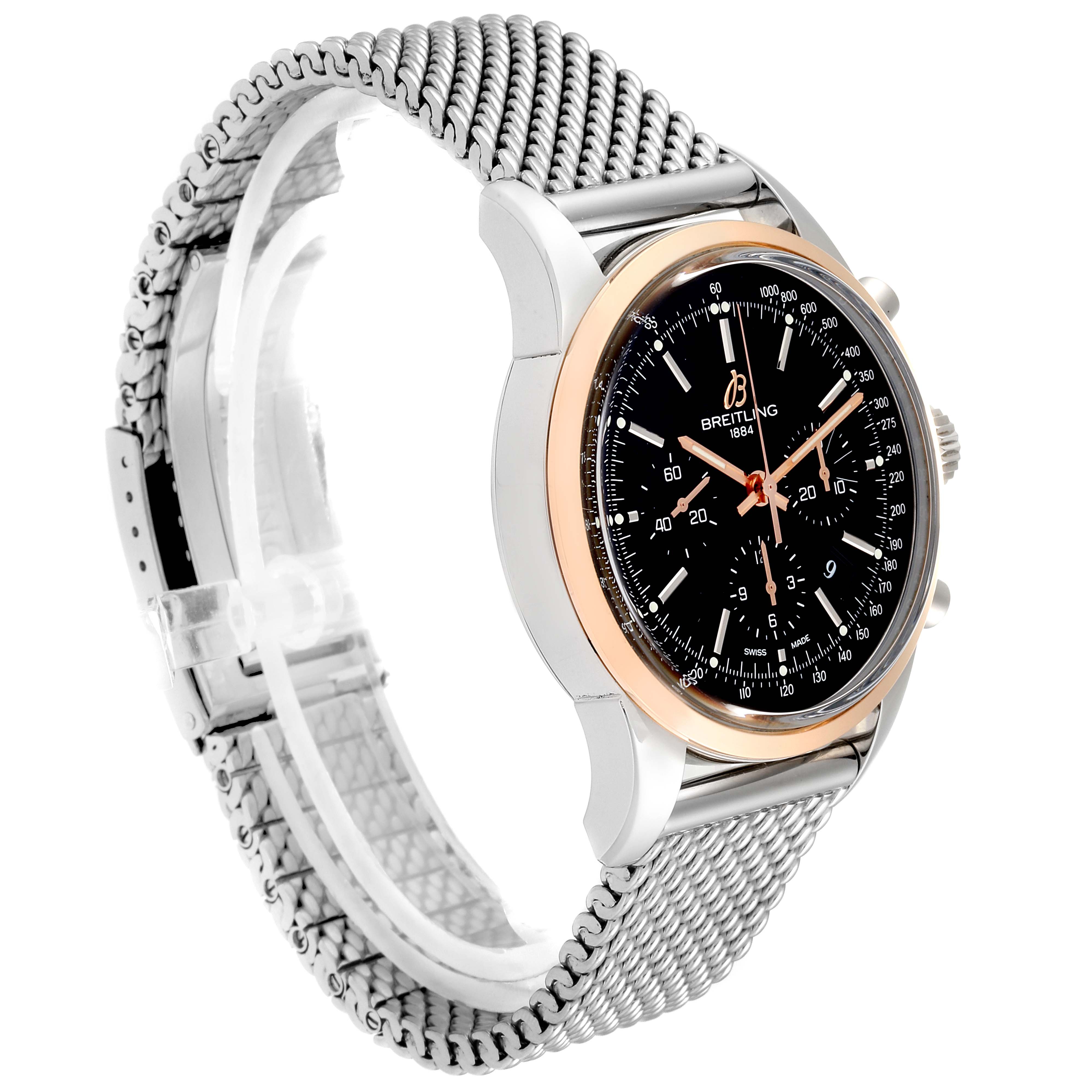 The image displays a Breitling Transocean UB015212/BC74-SS Men's Steel and Gold (two tone) Black Dial UB015212/BC74-SS Men's Steel and Gold (two tone) Black Dial watch at a slight angle, showcasing its dial, bezel, and metal mesh bracelet.