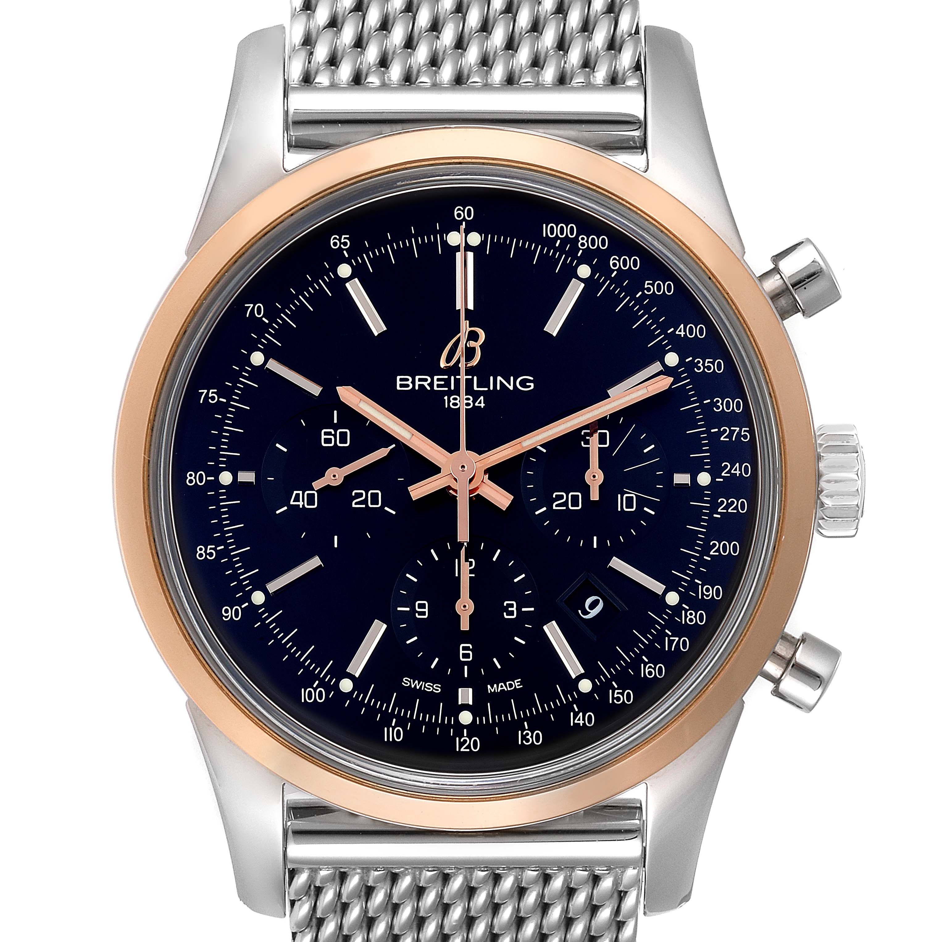 The image shows a front view of the Breitling Transocean UB015212/BC74-SS Men's Steel and Gold (two tone) Black Dial UB015212/BC74-SS Men's Steel and Gold (two tone) Black Dial watch, displaying its dial, bezel, and part of the metal strap.