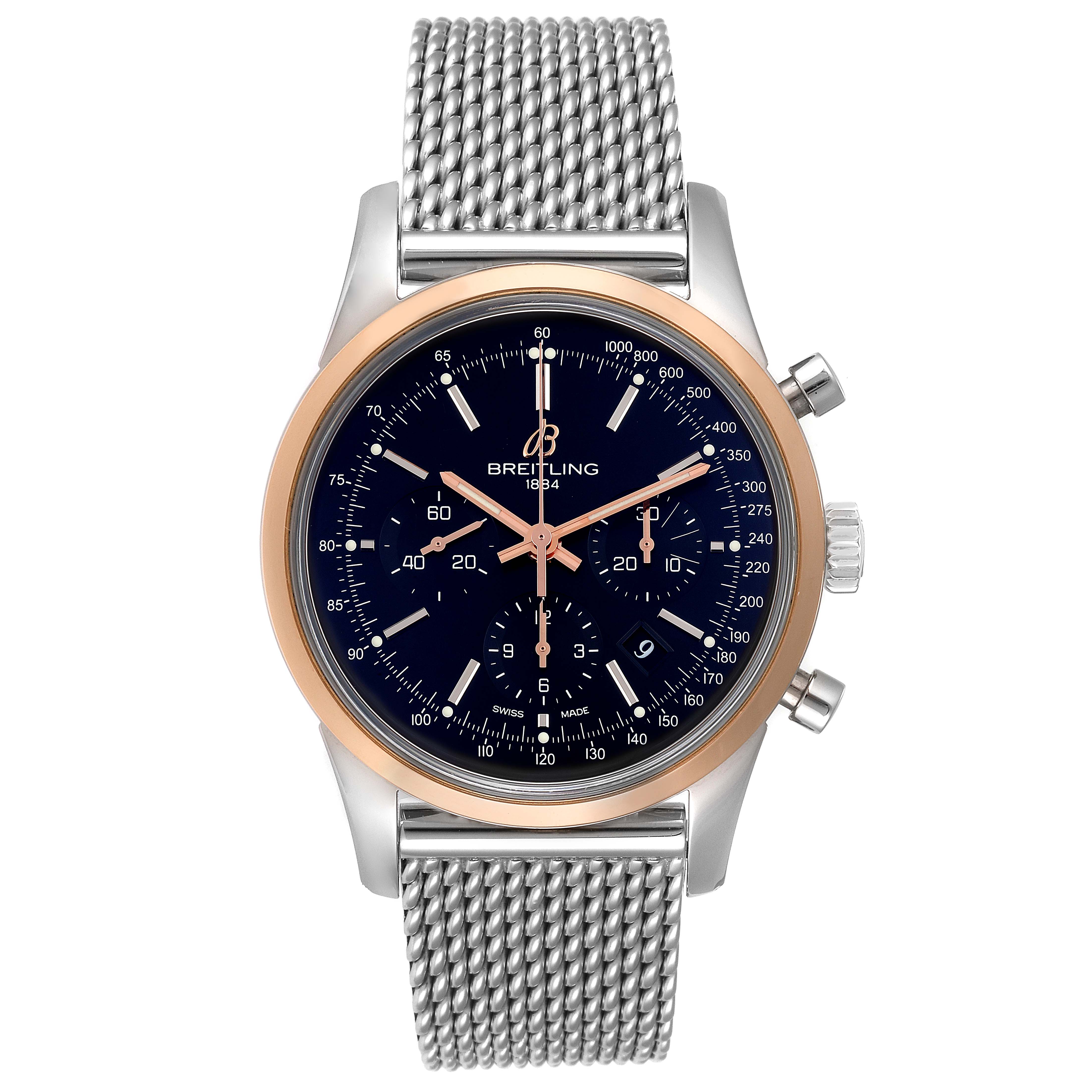 The Breitling Transocean UB015212/BC74-SS Men's Steel and Gold (two tone) Black Dial UB015212/BC74-SS Men's Steel and Gold (two tone) Black Dial watch shown is at a straight-on angle, displaying its face, bezel, crown, and mesh band.