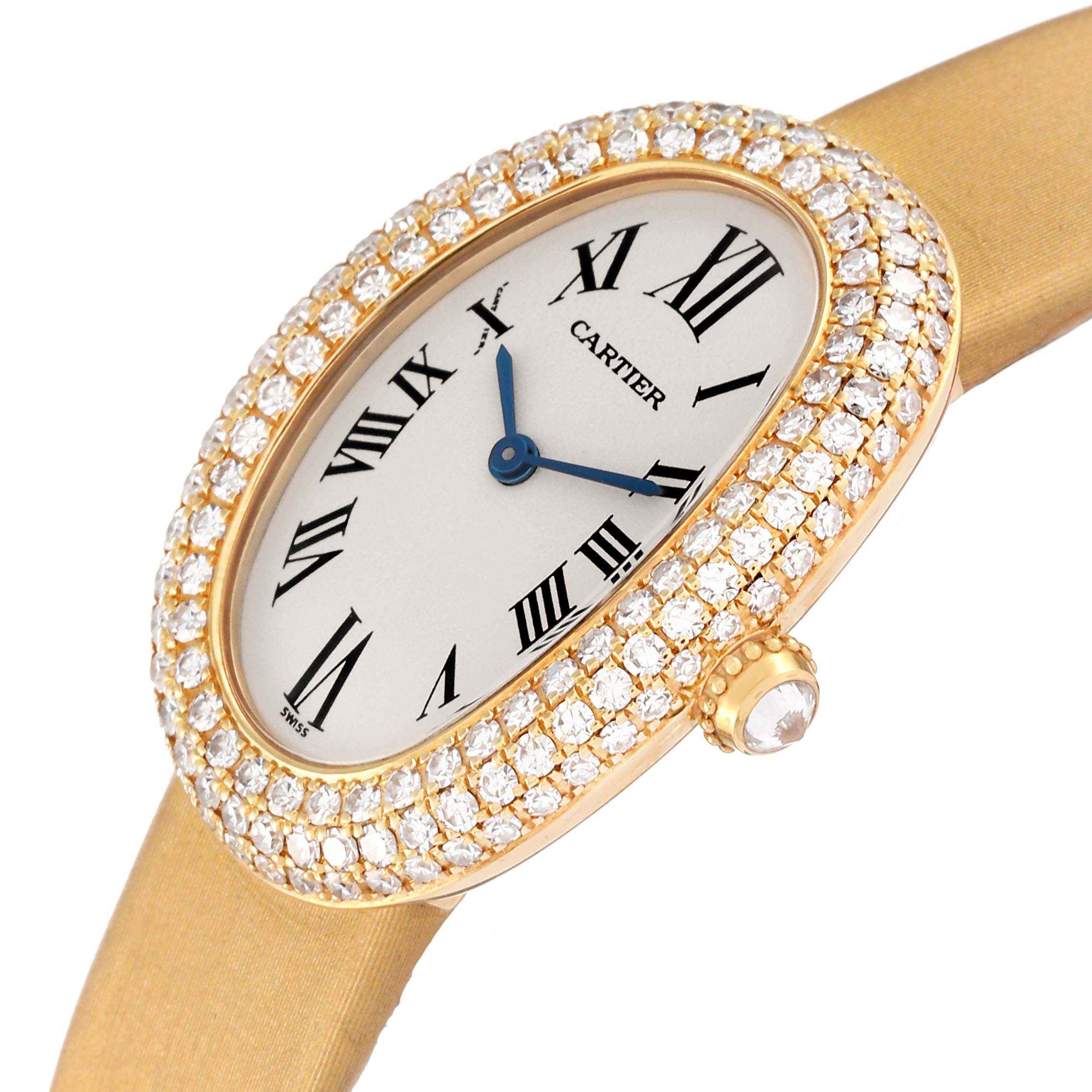 The Cartier Baignoire 1954 Women's Yellow Gold Silver Dial 1954 Women's Yellow Gold Silver Dial watch is shown at an angle highlighting its face, diamond bezel, and part of the gold strap.