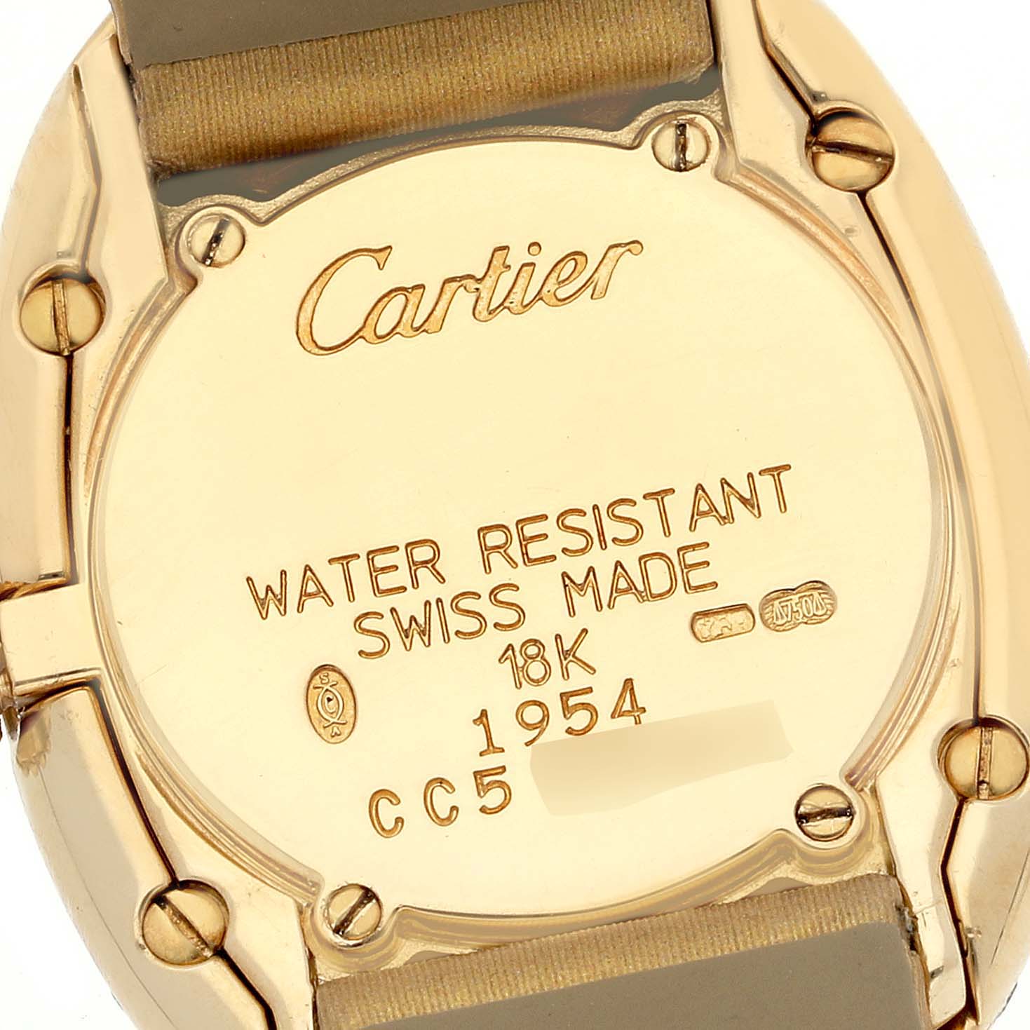 The image shows the back case of a Cartier Baignoire 1954 Women's Yellow Gold Silver Dial 1954 Women's Yellow Gold Silver Dial watch with its engraved details and strap attachment.