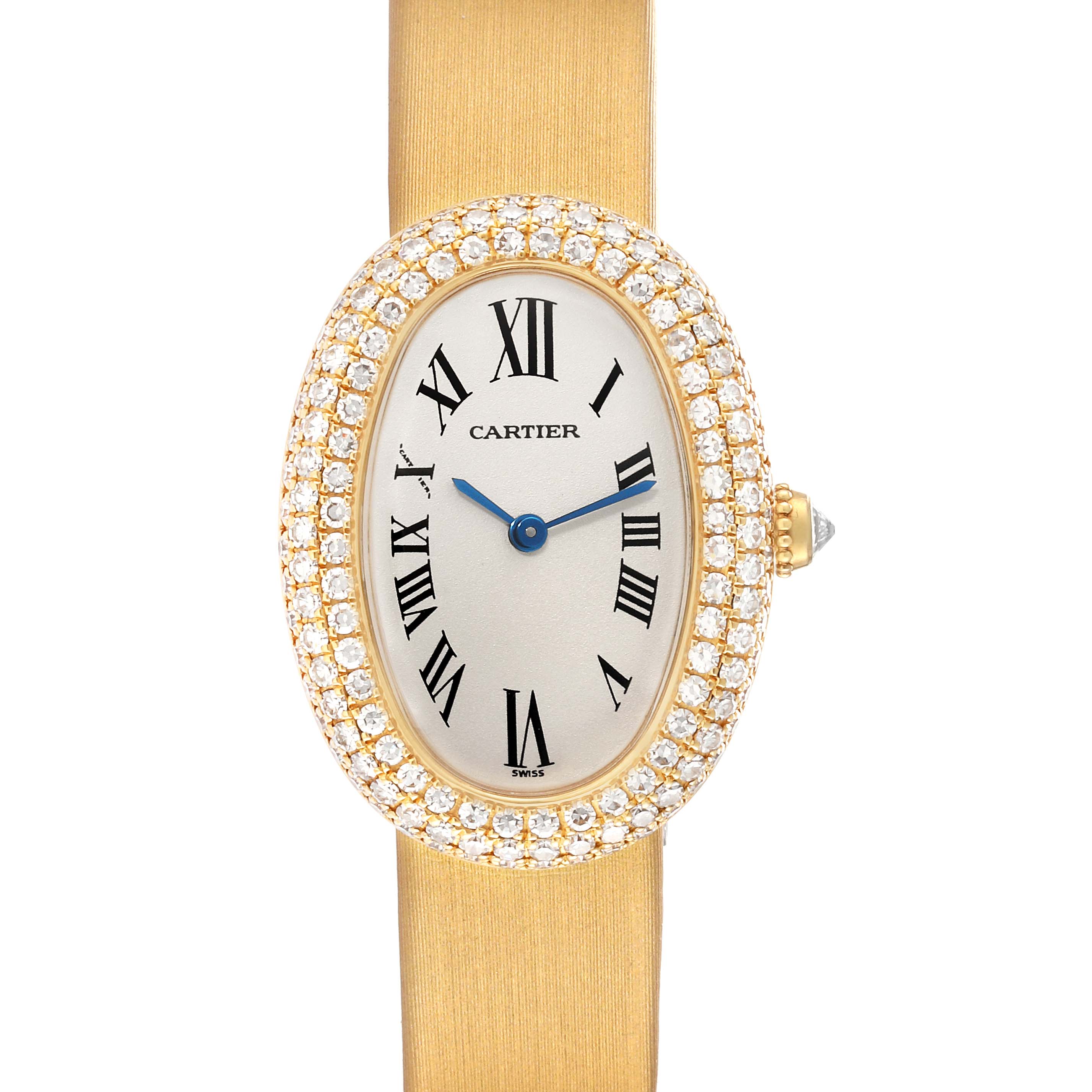 This image shows a Cartier Baignoire 1954 Women's Yellow Gold Silver Dial 1954 Women's Yellow Gold Silver Dial watch front view, displaying the dial, bezel with diamonds, and part of the strap.