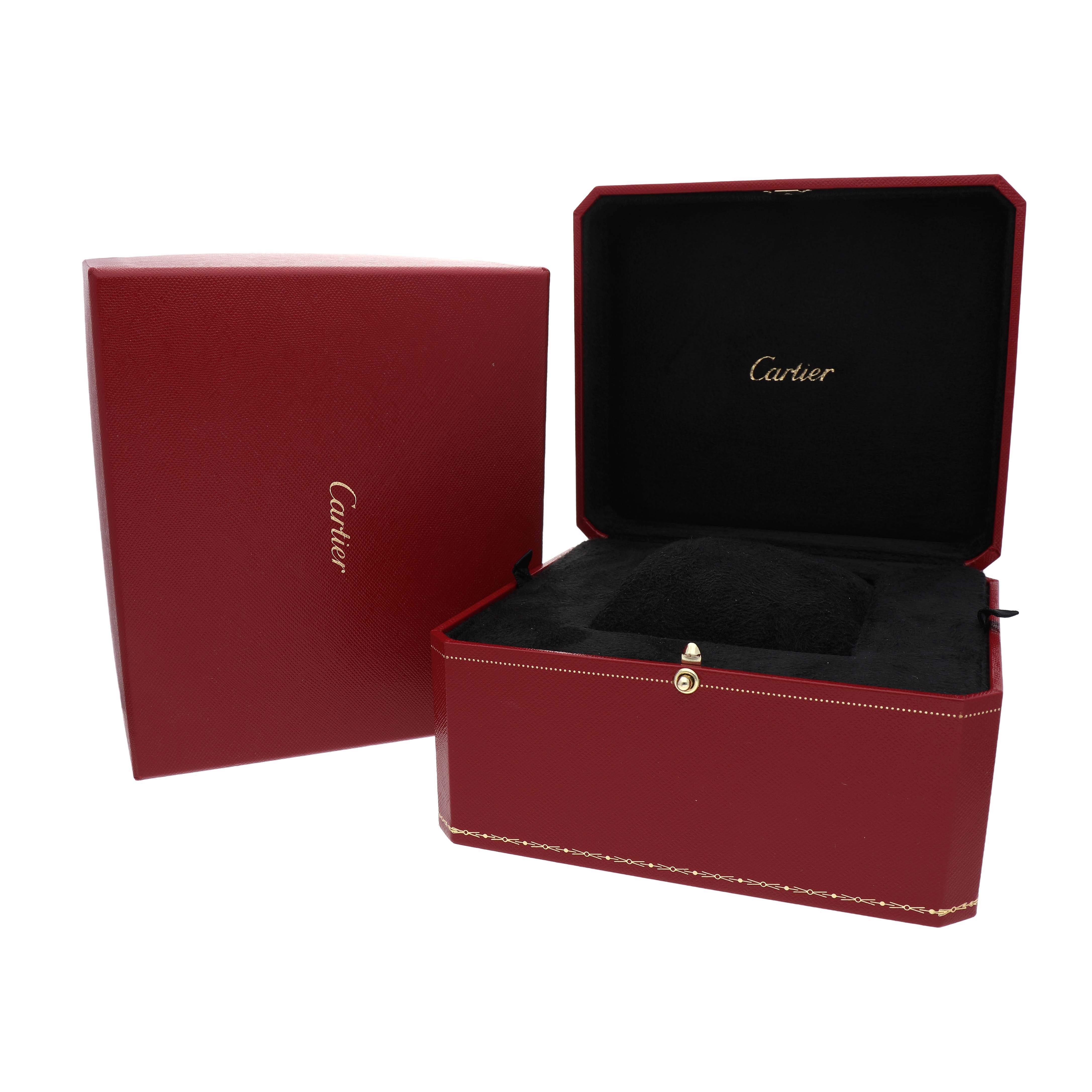 The image shows a Cartier Ballon Bleu WE9005Z3 Women's Rose Gold Silver Dial watch box, open to reveal its interior cushioning and branding.