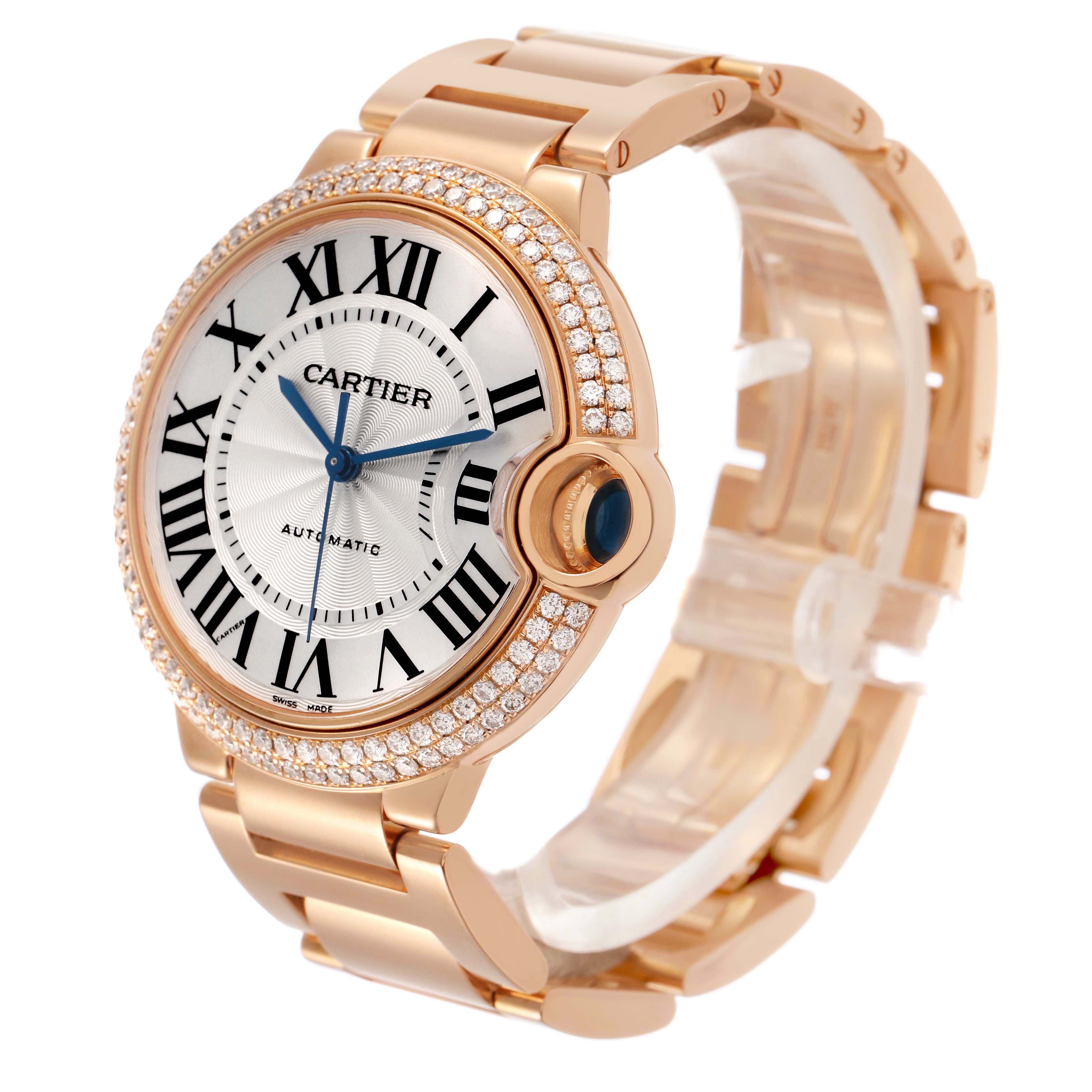 The Cartier Ballon Bleu WE9005Z3 Women's Rose Gold Silver Dial watch is shown at a slight angle, highlighting the face, crown, and bracelet with diamond accents.