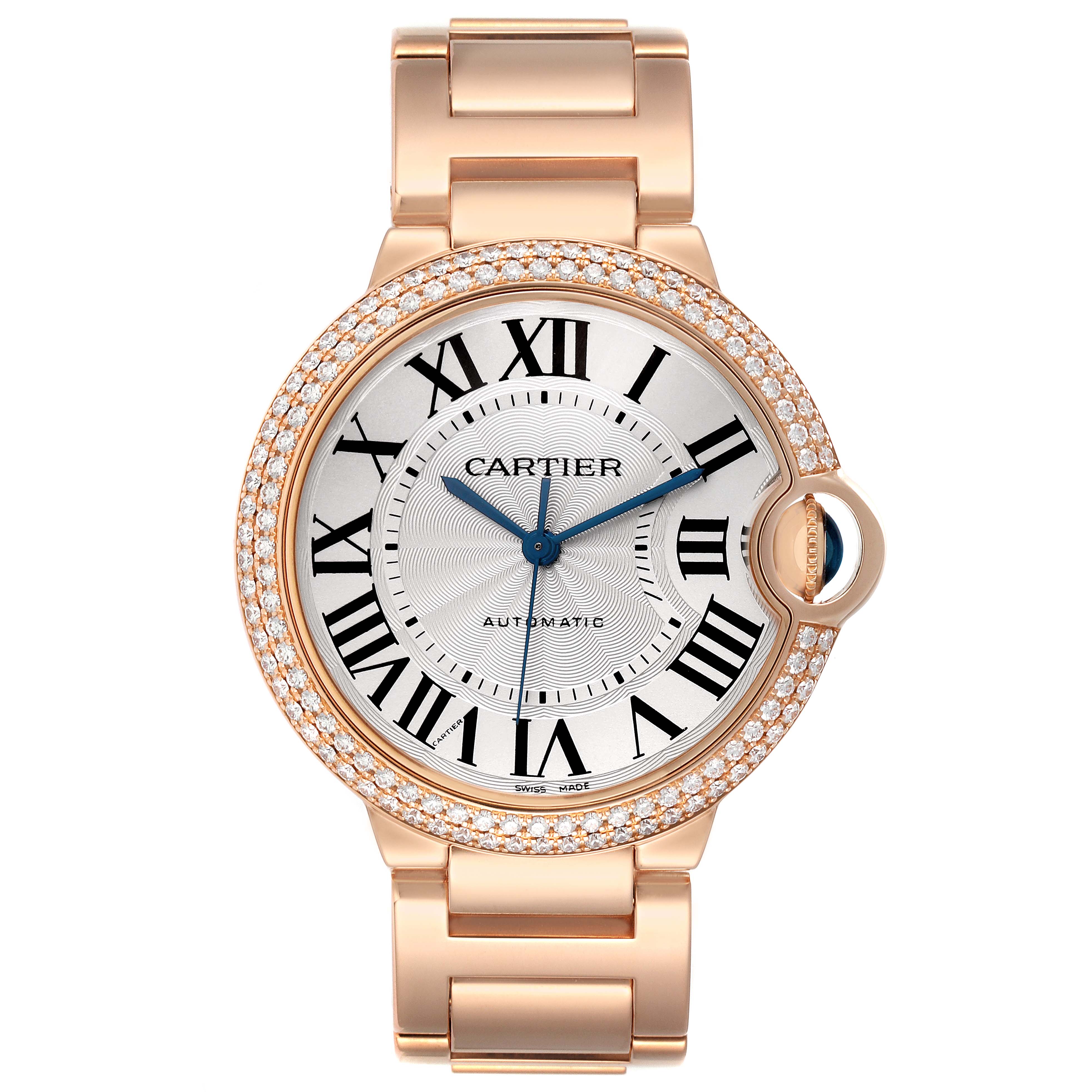 The Cartier Ballon Bleu WE9005Z3 Women's Rose Gold Silver Dial watch is shown from a front angle, displaying the entire face, bezel, and strap.
