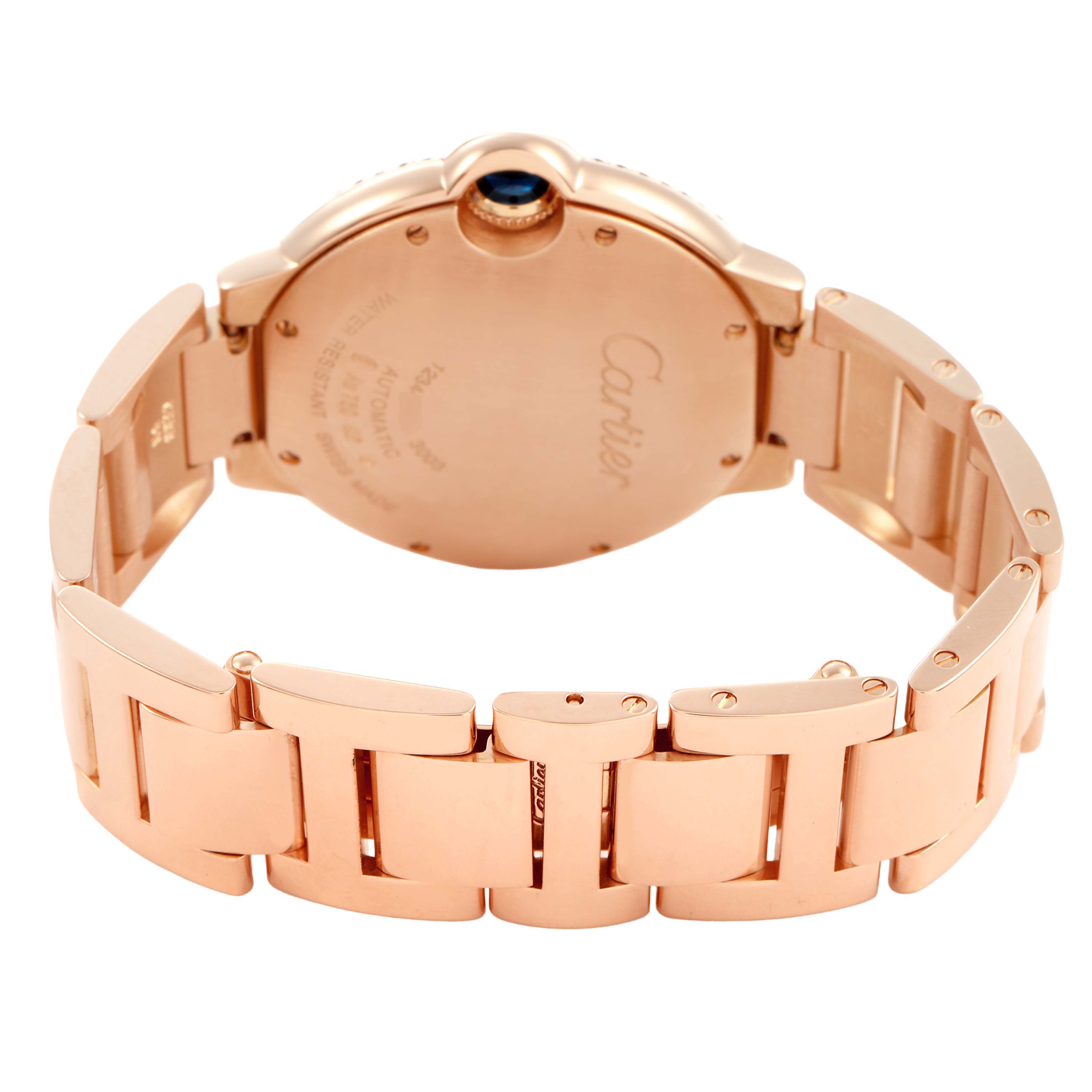 The image shows the back view of the Cartier Ballon Bleu WE9005Z3 Women's Rose Gold Silver Dial watch, highlighting the clasp and bracelet links.