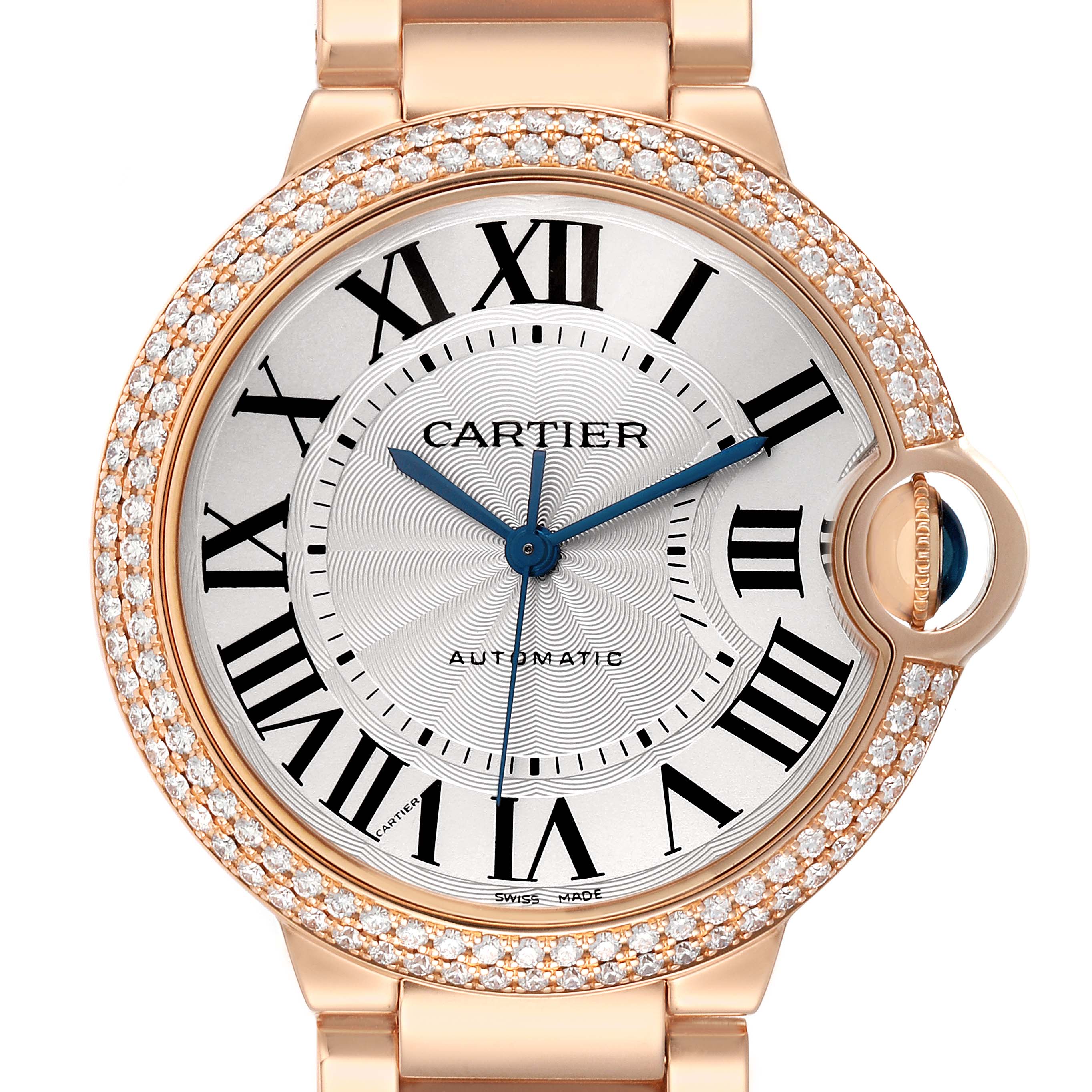 The Cartier Ballon Bleu WE9005Z3 Women's Rose Gold Silver Dial watch is shown from the front, highlighting the dial, Roman numerals, and diamond-set bezel.