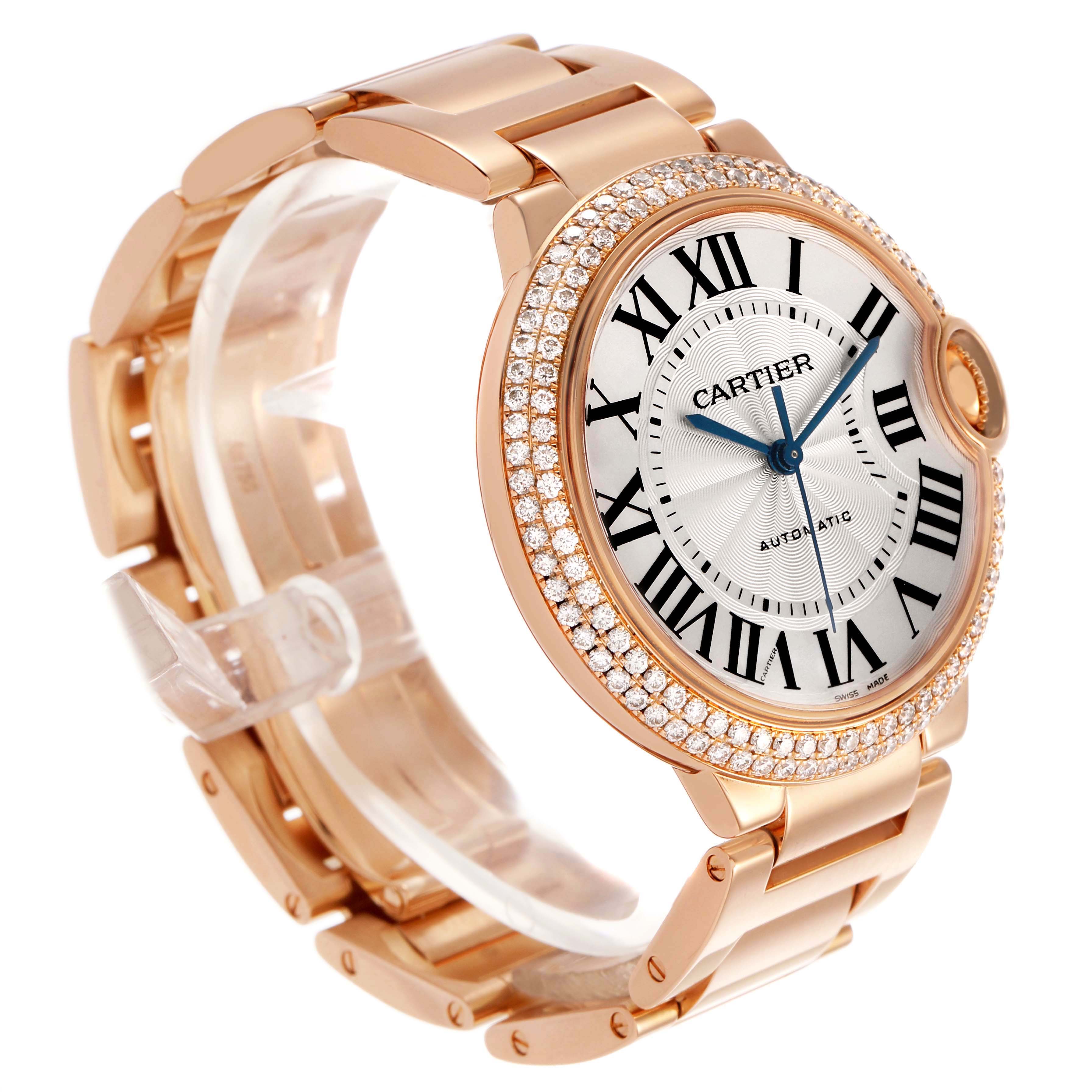 The image shows the Cartier Ballon Bleu WE9005Z3 Women's Rose Gold Silver Dial watch at a three-quarter angle, highlighting the face, bracelet, and diamond-encrusted bezel.