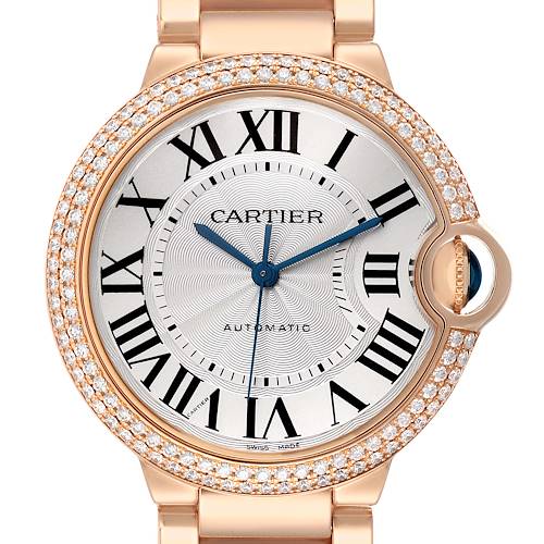 The image shows a Cartier Ballon Bleu WE9005Z3 Women's Rose Gold Silver Dial watch from the front, highlighting its round case, roman numerals, and diamond-set bezel.