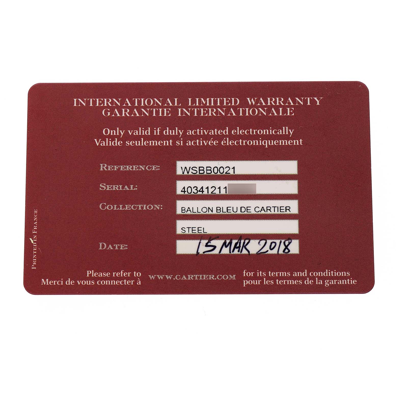 The image shows a Cartier warranty card for a Ballon Bleu model, displaying reference, serial number, collection, material, and date.