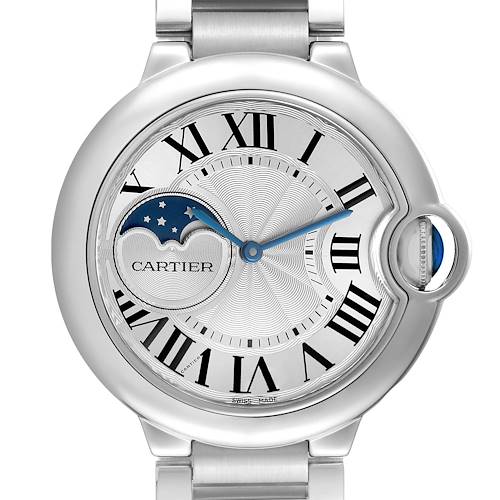 The Cartier Ballon Bleu WSBB0021 Men's Stainless Steel Silver Dial watch is shown from the front, highlighting the dial, Roman numerals, blue hands, and the signature crown.