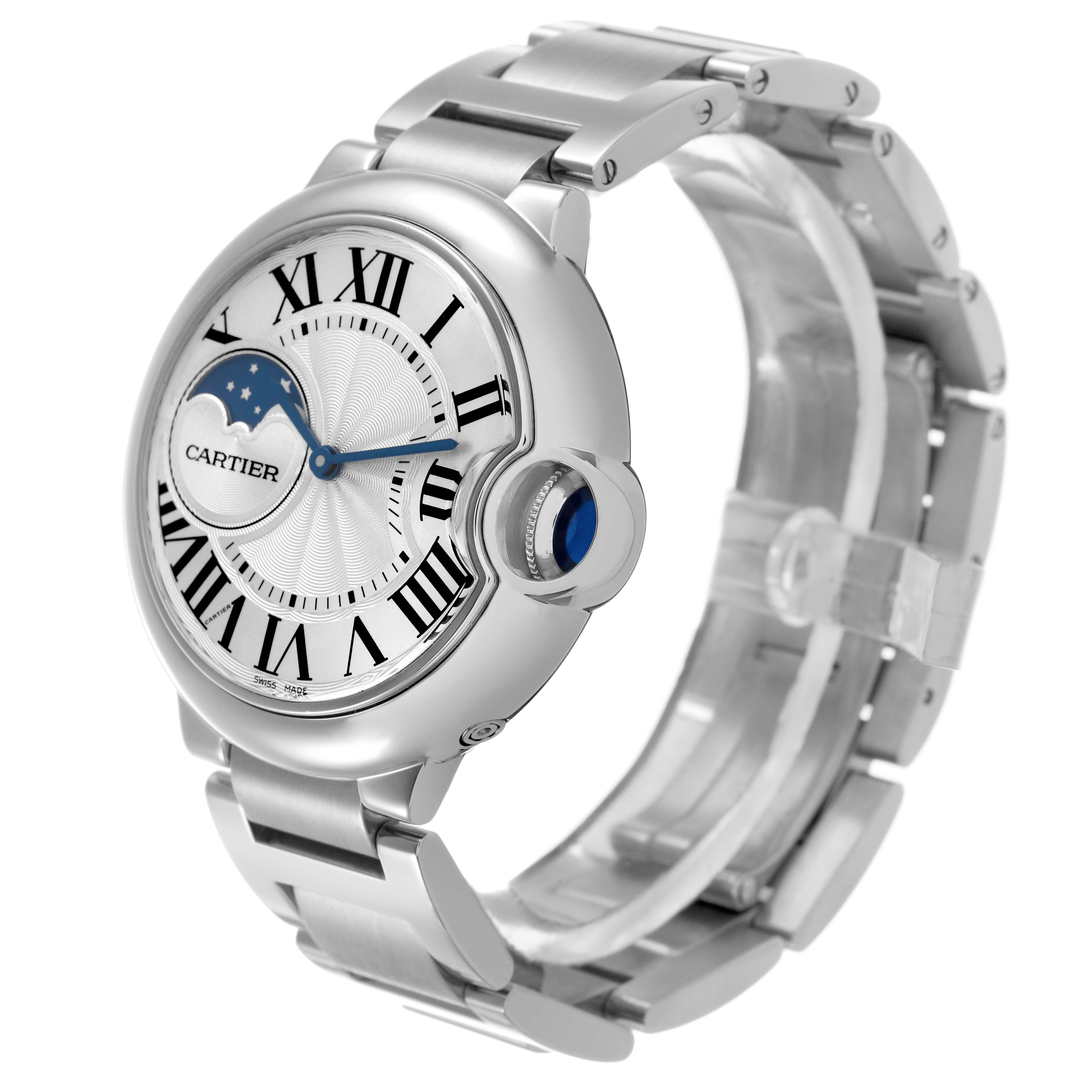 The Cartier Ballon Bleu WSBB0021 Men's Stainless Steel Silver Dial watch is shown at a three-quarter angle, displaying the face, Roman numerals, crown, and metal bracelet.