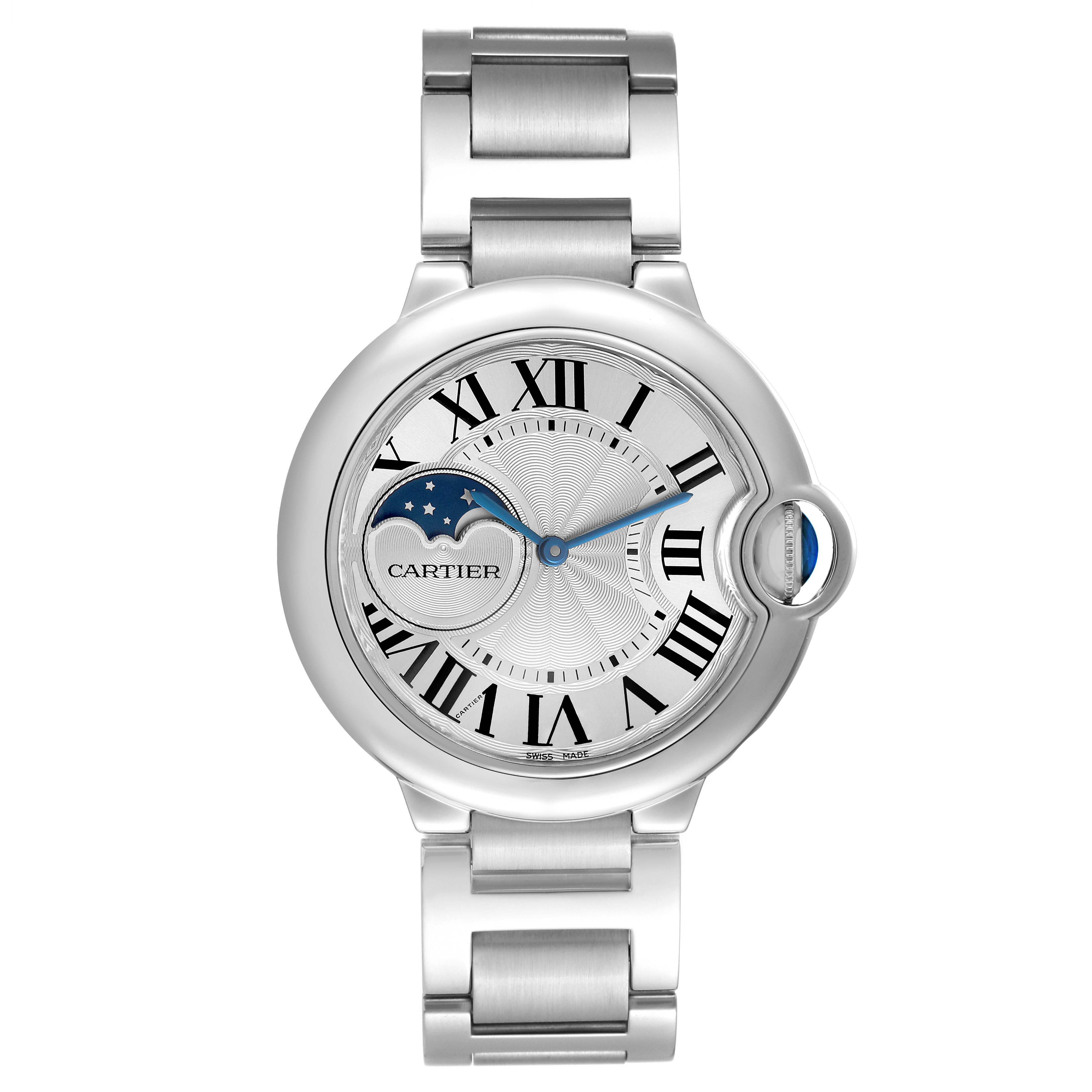 The Cartier Ballon Bleu WSBB0021 Men's Stainless Steel Silver Dial watch is shown in a front view, displaying its dial, Roman numerals, and metal bracelet.