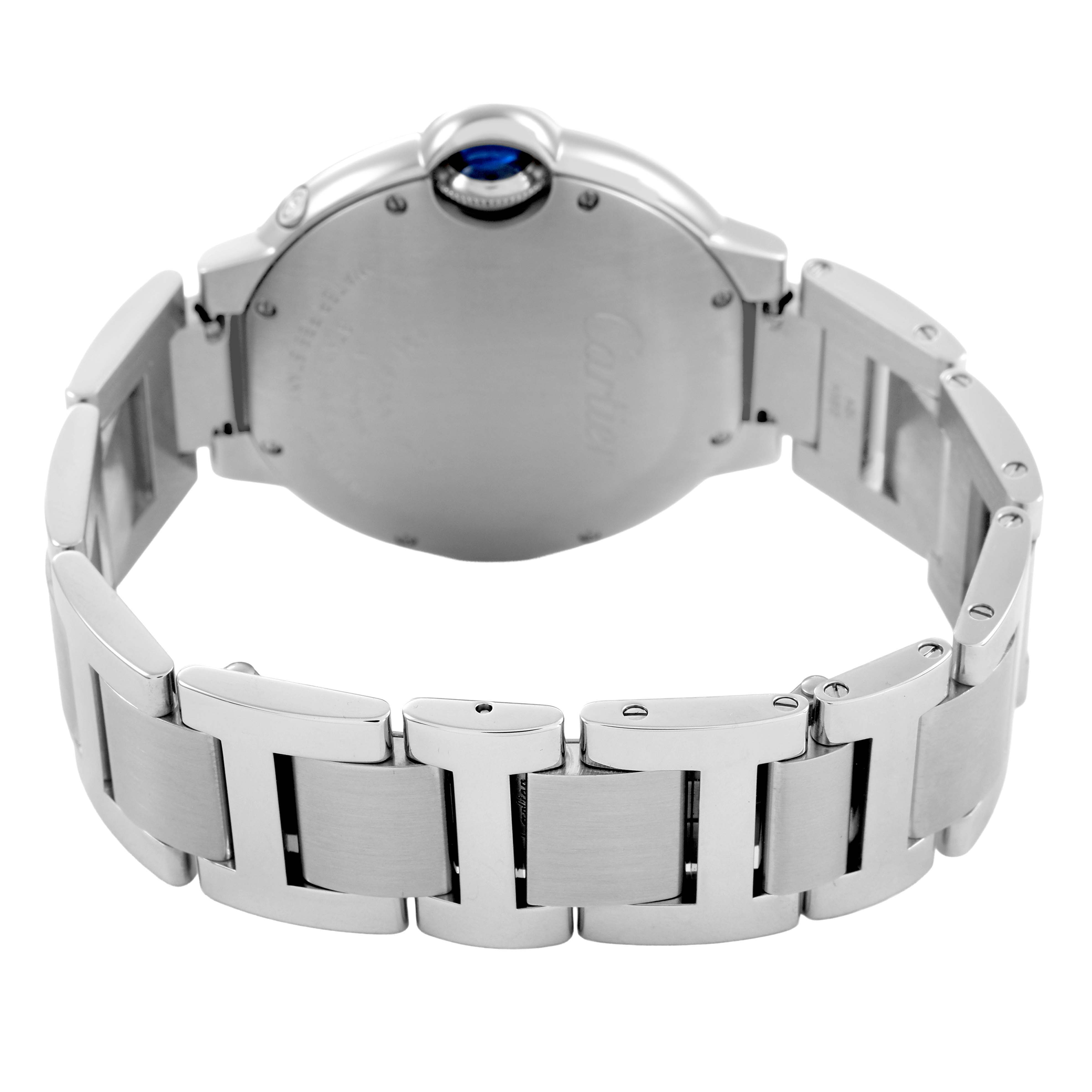 The Ballon Bleu by Cartier watch is shown from the back, highlighting its bracelet and clasp.