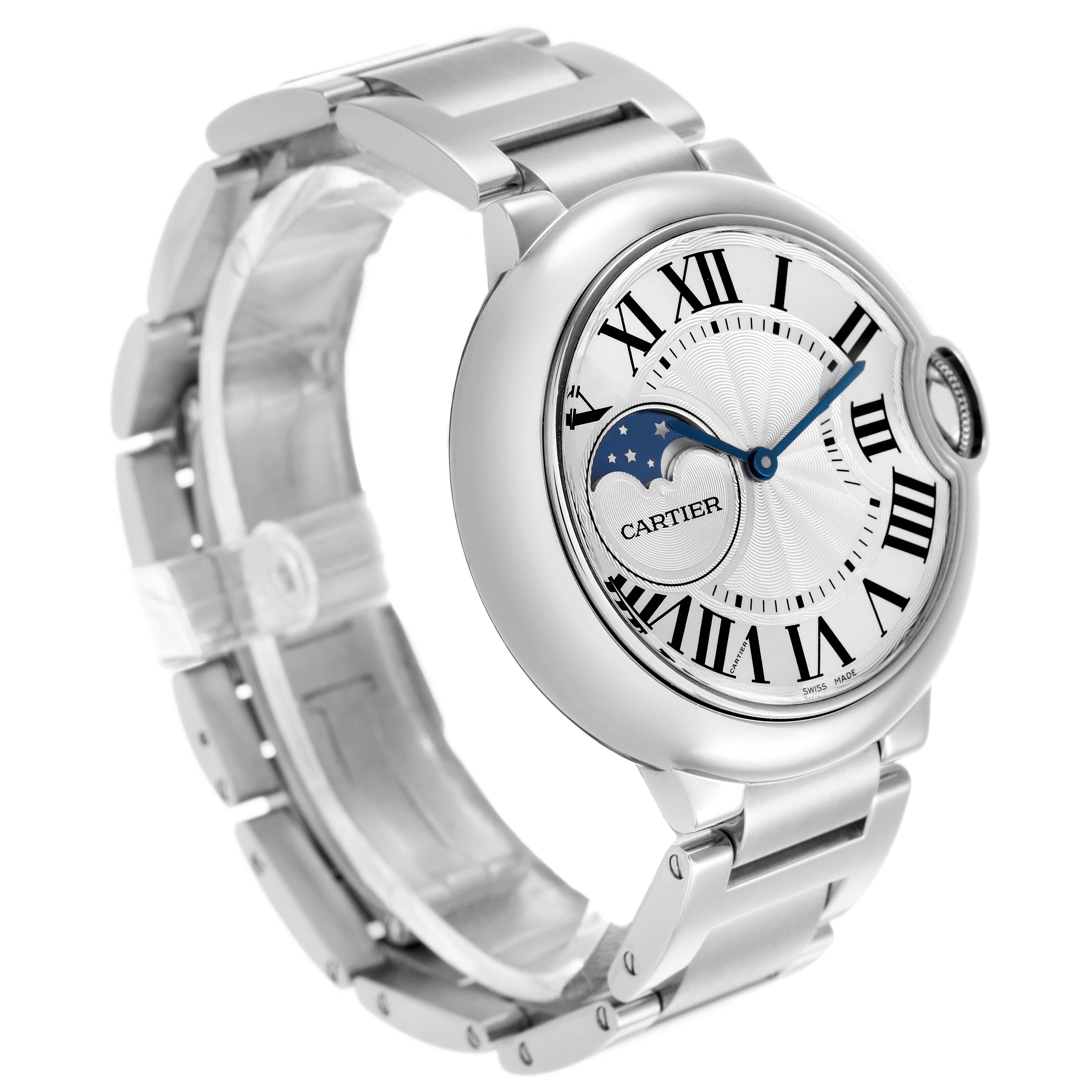 The Cartier Ballon Bleu WSBB0021 Men's Stainless Steel Silver Dial watch is shown at a three-quarter angle, displaying the face, bracelet, and crown.