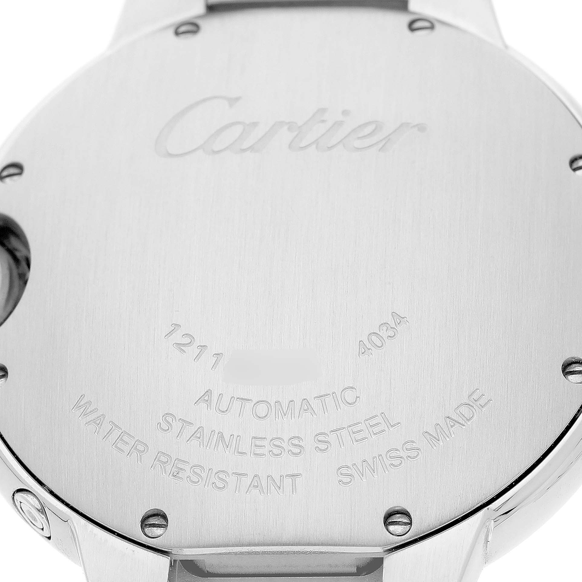 The image shows the back case of a Cartier Ballon Bleu WSBB0021 Men's Stainless Steel Silver Dial watch with engraved specifications.