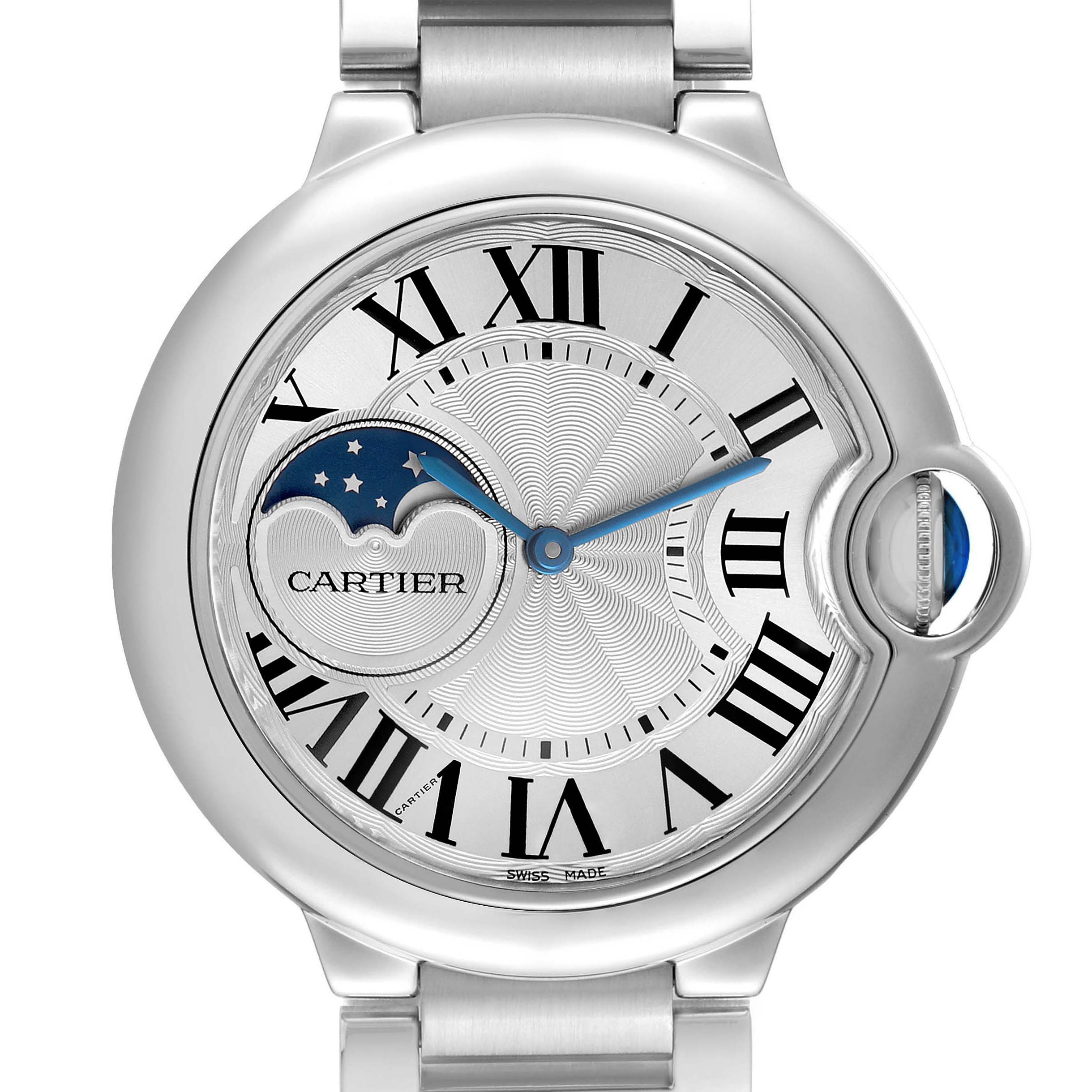 The Cartier Ballon Bleu WSBB0021 Men's Stainless Steel Silver Dial watch is shown from the front, highlighting the dial, Roman numerals, hands, and crescent moon phase.