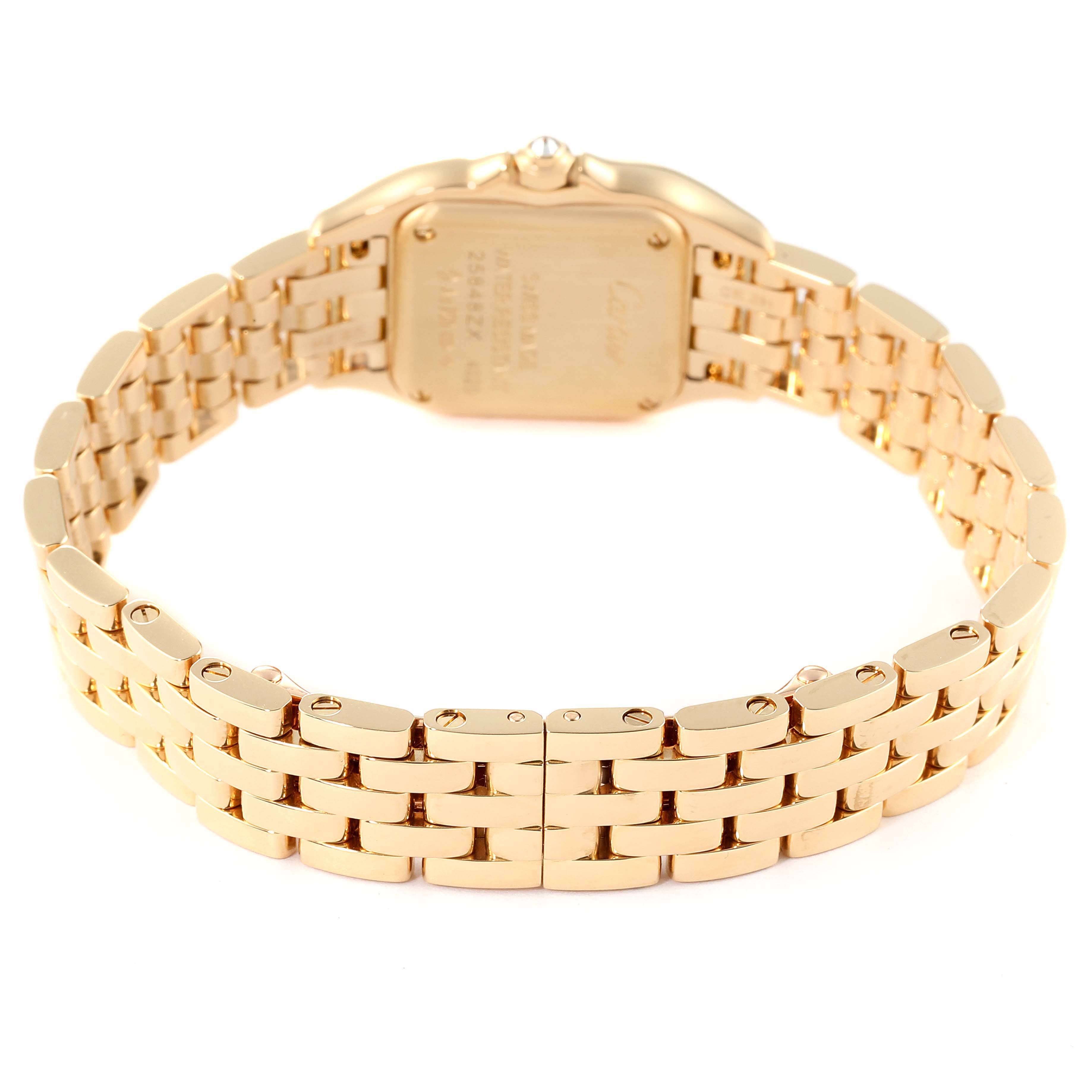The image shows the back view of the Cartier Panthere WJPN0015 Women's Yellow Gold Silver Dial WJPN0015 Women's Yellow Gold Silver Dial model watch, highlighting its gold bracelet and case back.