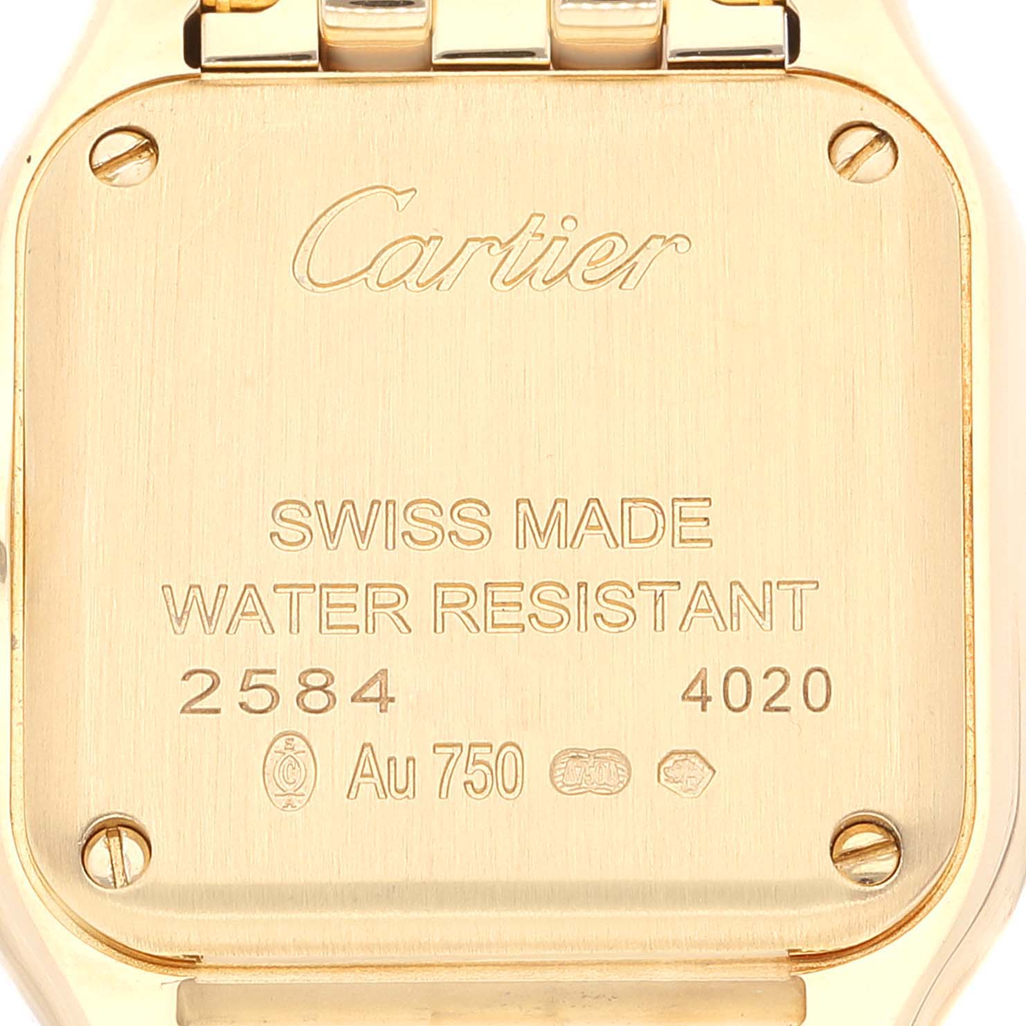 This image shows the back case of a Panthere model watch by Cartier from a close-up angle.