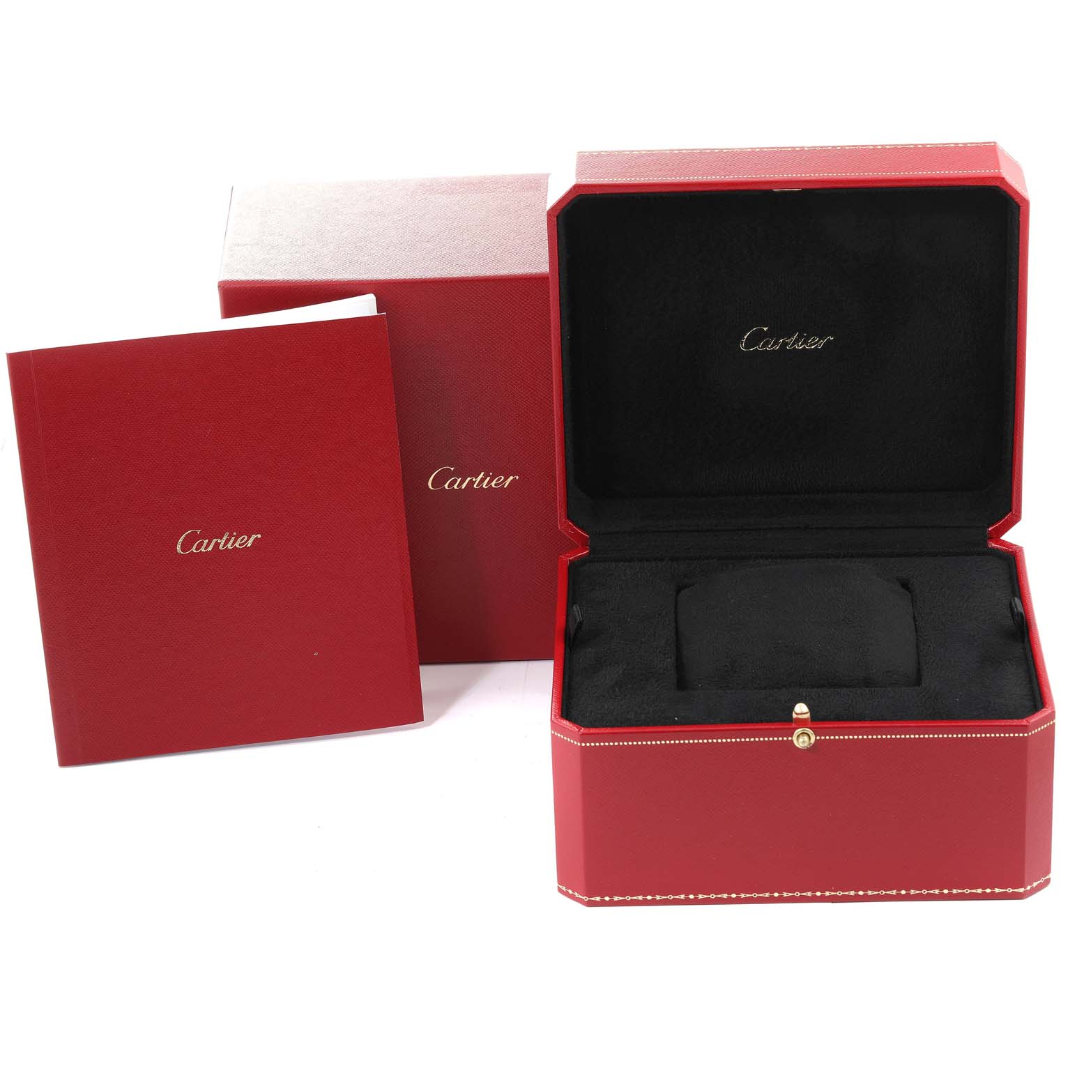 The image shows the packaging and accessories for a Cartier Panthere WJPN0015 Women's Yellow Gold Silver Dial WJPN0015 Women's Yellow Gold Silver Dial watch, including a red box and booklet.