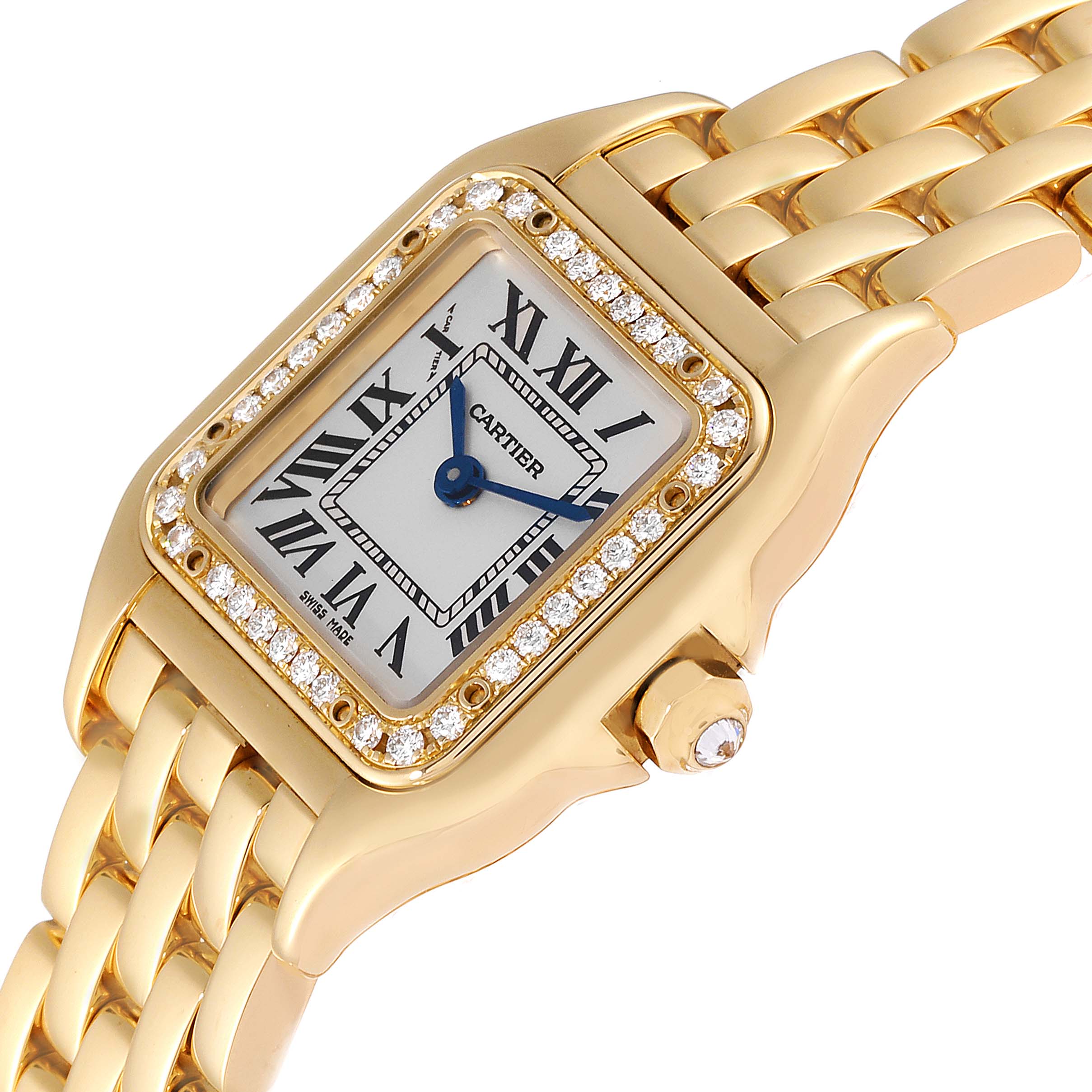 This image shows a close-up of a Cartier Panthere WJPN0015 Women's Yellow Gold Silver Dial WJPN0015 Women's Yellow Gold Silver Dial watch's face, bezel, and part of the bracelet in a diagonal angle.