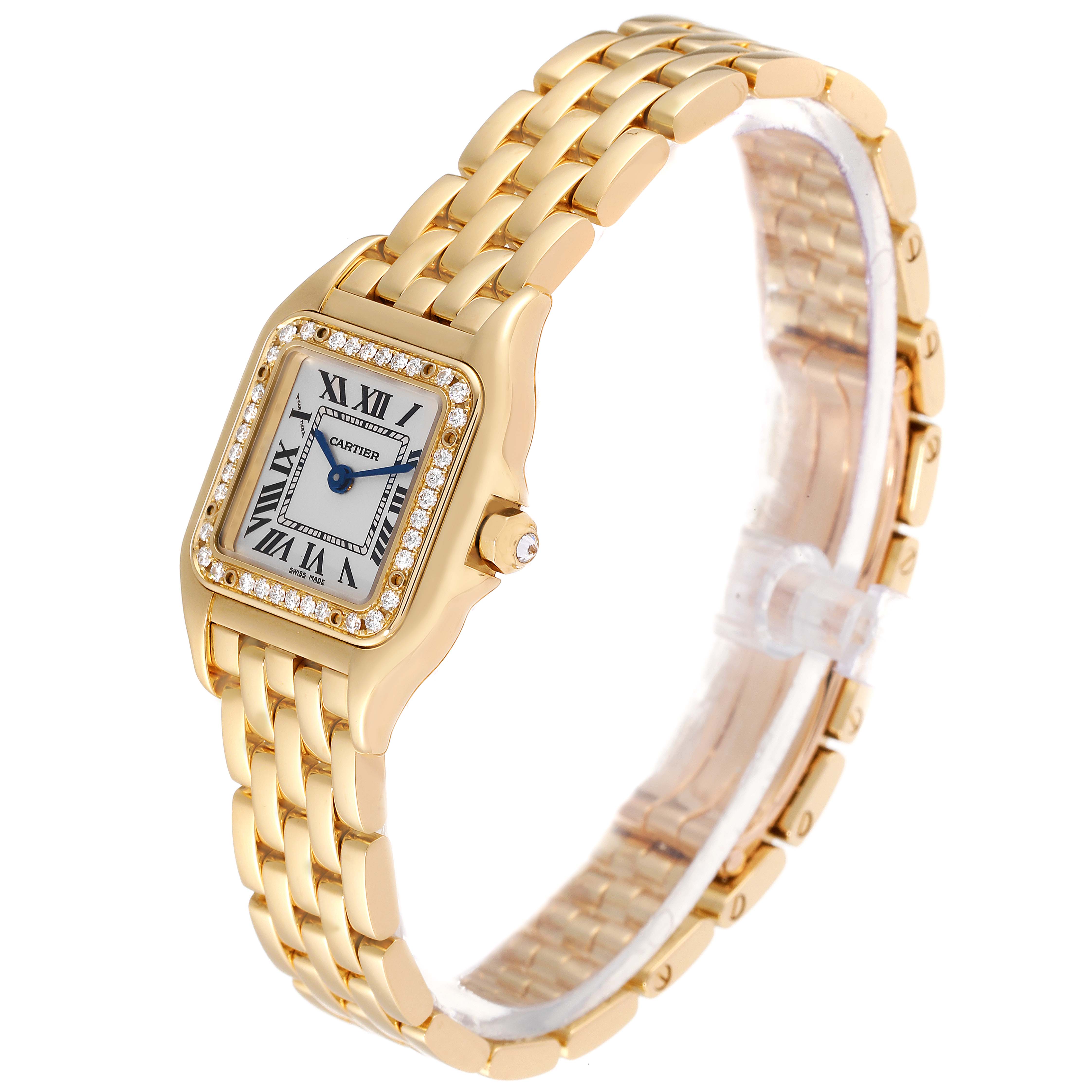 The image shows a Cartier Panthere WJPN0015 Women's Yellow Gold Silver Dial WJPN0015 Women's Yellow Gold Silver Dial model watch at a three-quarter angle, highlighting its gold bracelet, bezel, and face.