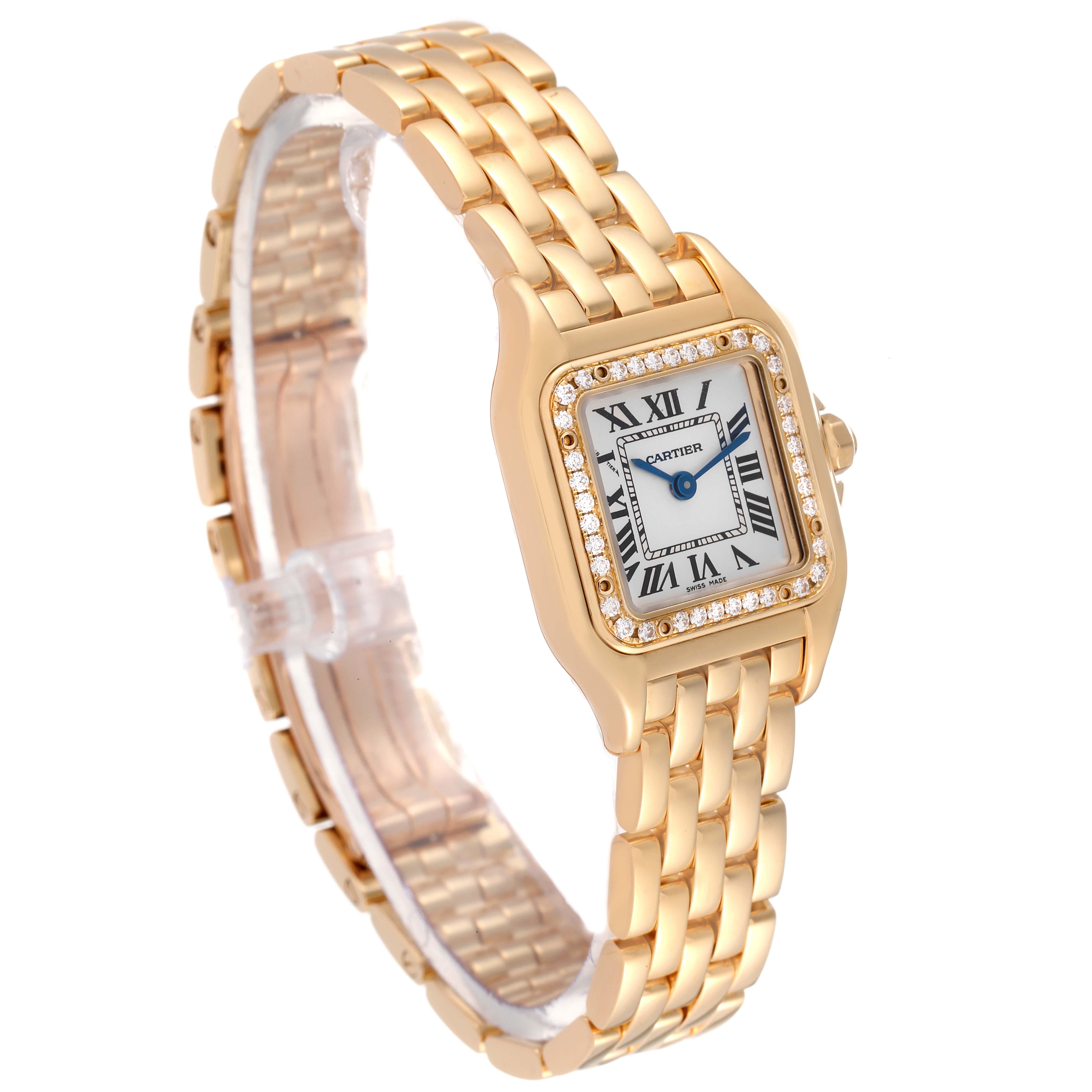 The image shows a Cartier Panthere WJPN0015 Women's Yellow Gold Silver Dial WJPN0015 Women's Yellow Gold Silver Dial watch from an upper-angle view, highlighting its gold link bracelet and diamond-encrusted bezel.