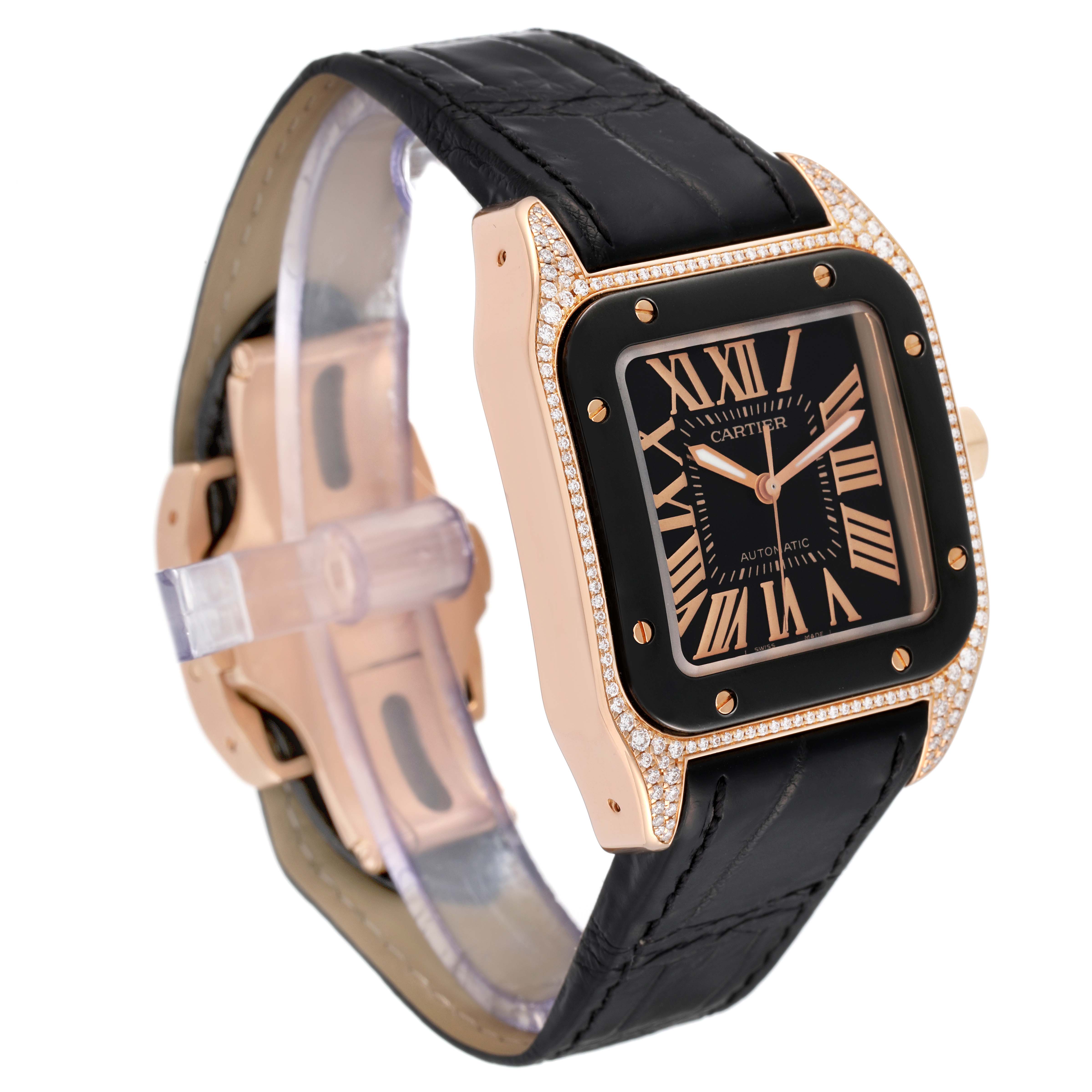 The Cartier Santos WM505017 Men's Rose Gold Black Dial WM505017 Men's Rose Gold Black Dial watch is shown at a three-quarter angle, highlighting its black leather strap, rose gold case, black dial, and Roman numerals.