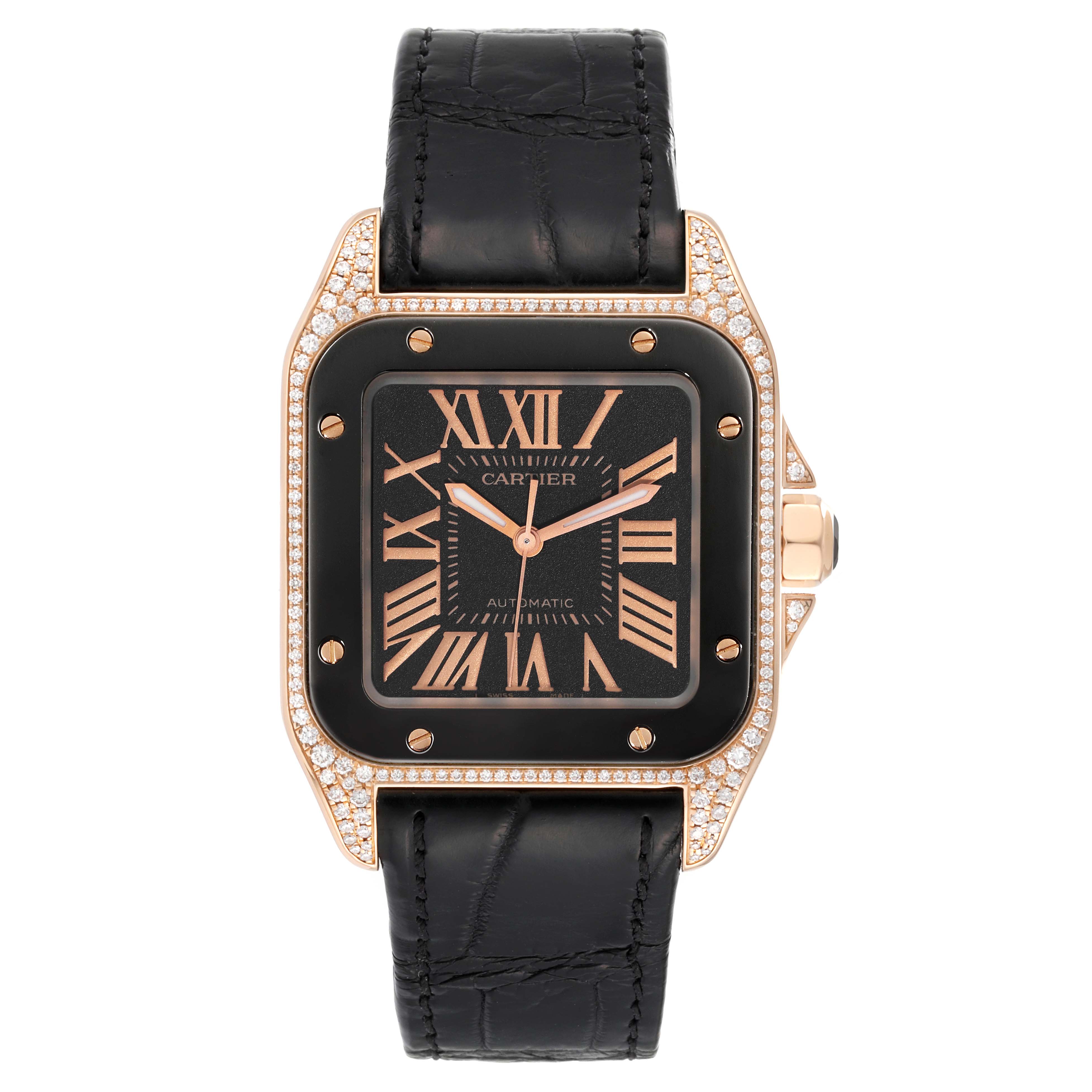This image shows a front view of a Cartier Santos WM505017 Men's Rose Gold Black Dial WM505017 Men's Rose Gold Black Dial model watch with a black leather strap and diamond-studded bezel.