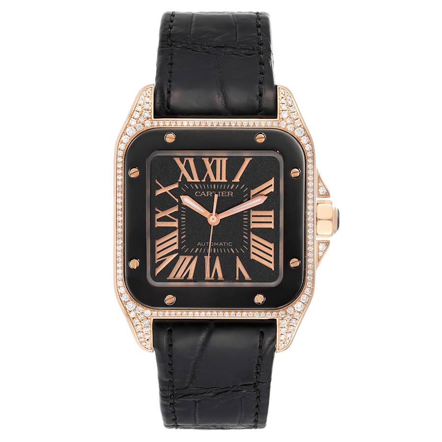 Cartier Santos 100 Midsize Rose Gold Black Dial Diamond Mens Watch