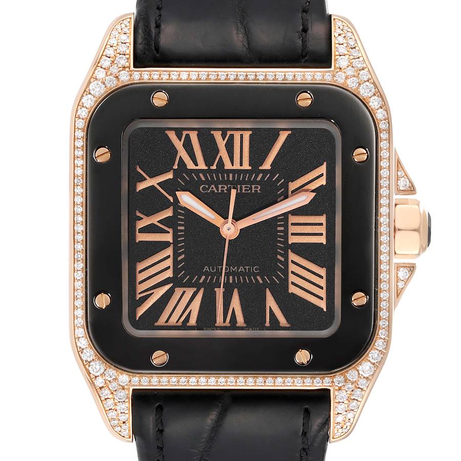 Cartier Santos 100 Midsize Rose Gold Black Dial Diamond Mens Watch WM505017 SwissWatchExpo