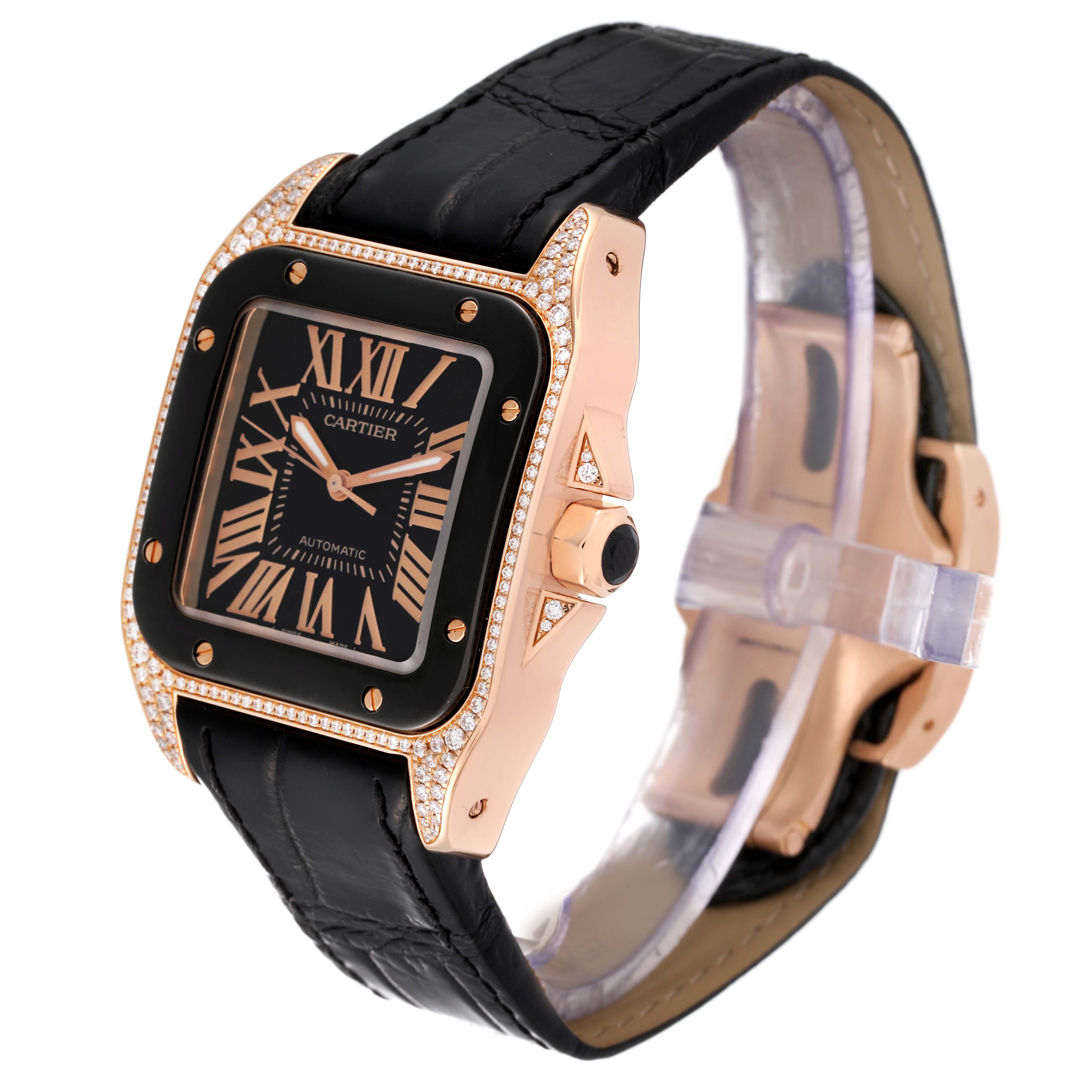 This Cartier Santos WM505017 Men's Rose Gold Black Dial WM505017 Men's Rose Gold Black Dial watch is shown at an angled view displaying the face, bezel, crown, and part of the strap.
