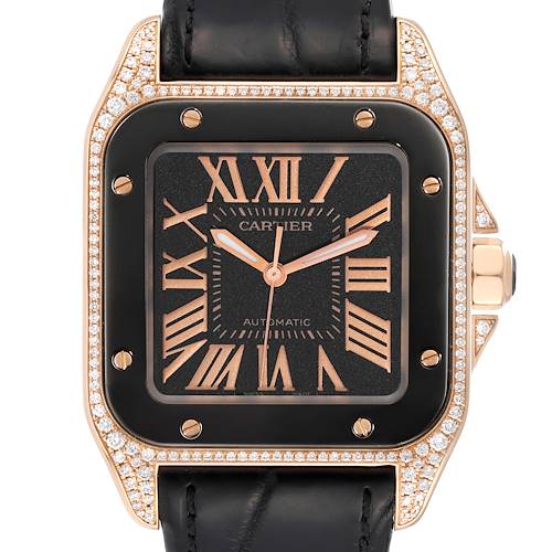 Photo of Cartier Santos 100 Midsize Rose Gold Black Dial Diamond Mens Watch WM505017